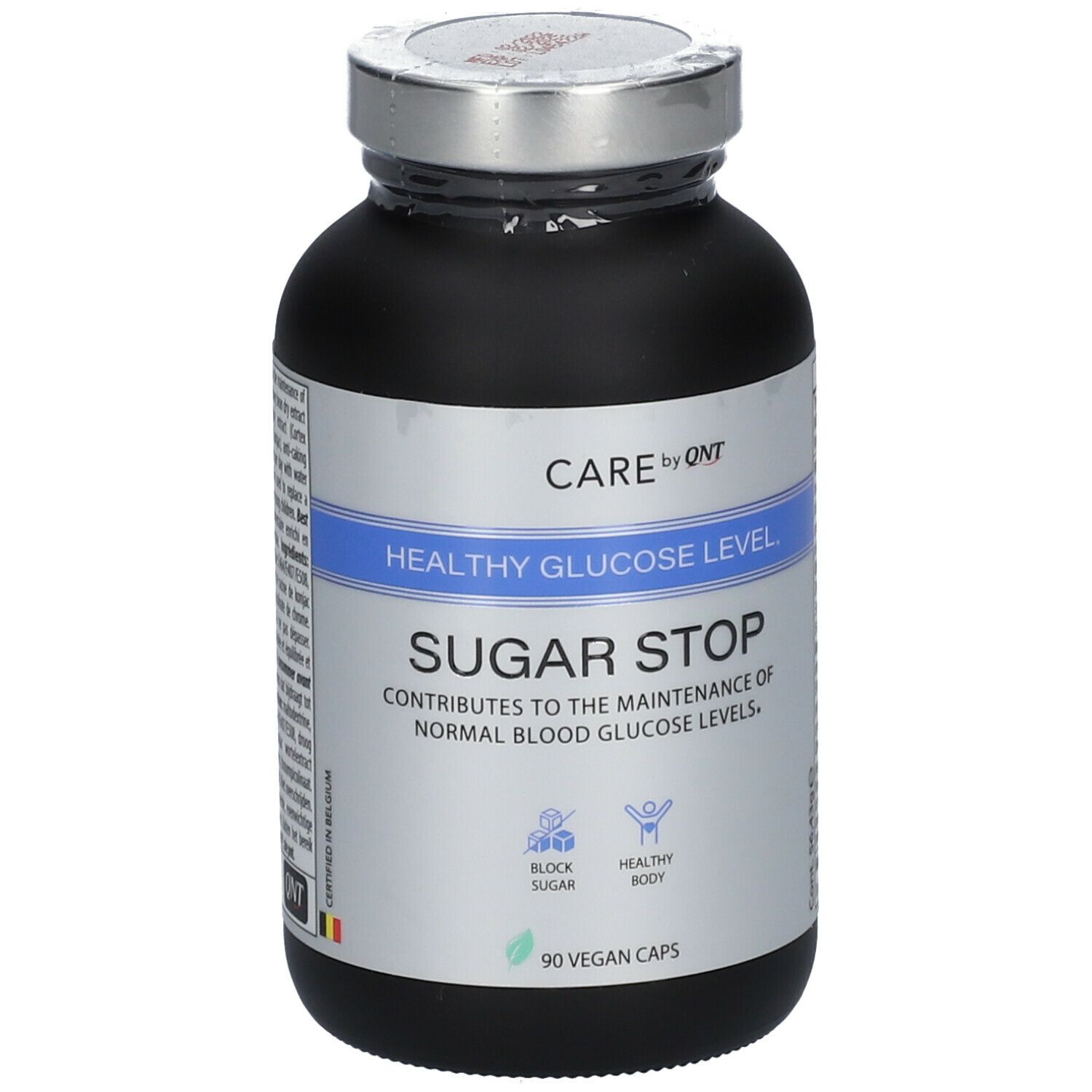 Donkere fles met zilveren dop. Etiket met tekst: Sugar Stop, 90 vegan capsules. Merk: CARE by QNT.
