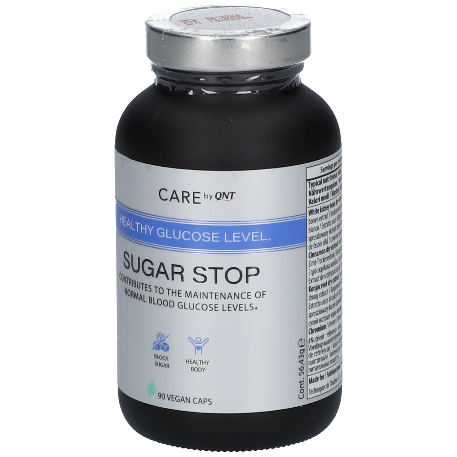 Donkere fles met zilveren dop. Etiket met tekst: Sugar Stop, 90 vegan capsules. Merk: CARE by QNT.