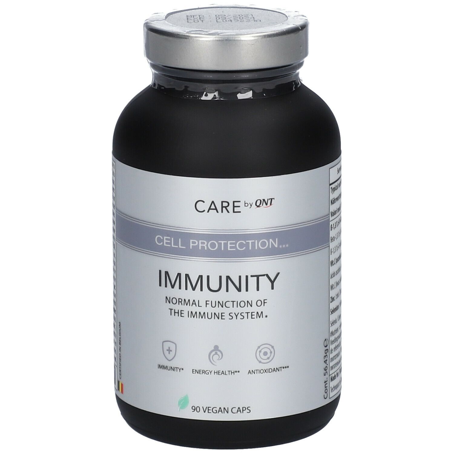 Zwarte fles met zilveren dop. Opschrift: CARE by QNT, CELL PROTECTION... IMMUNITY, 90 vegan capsules.