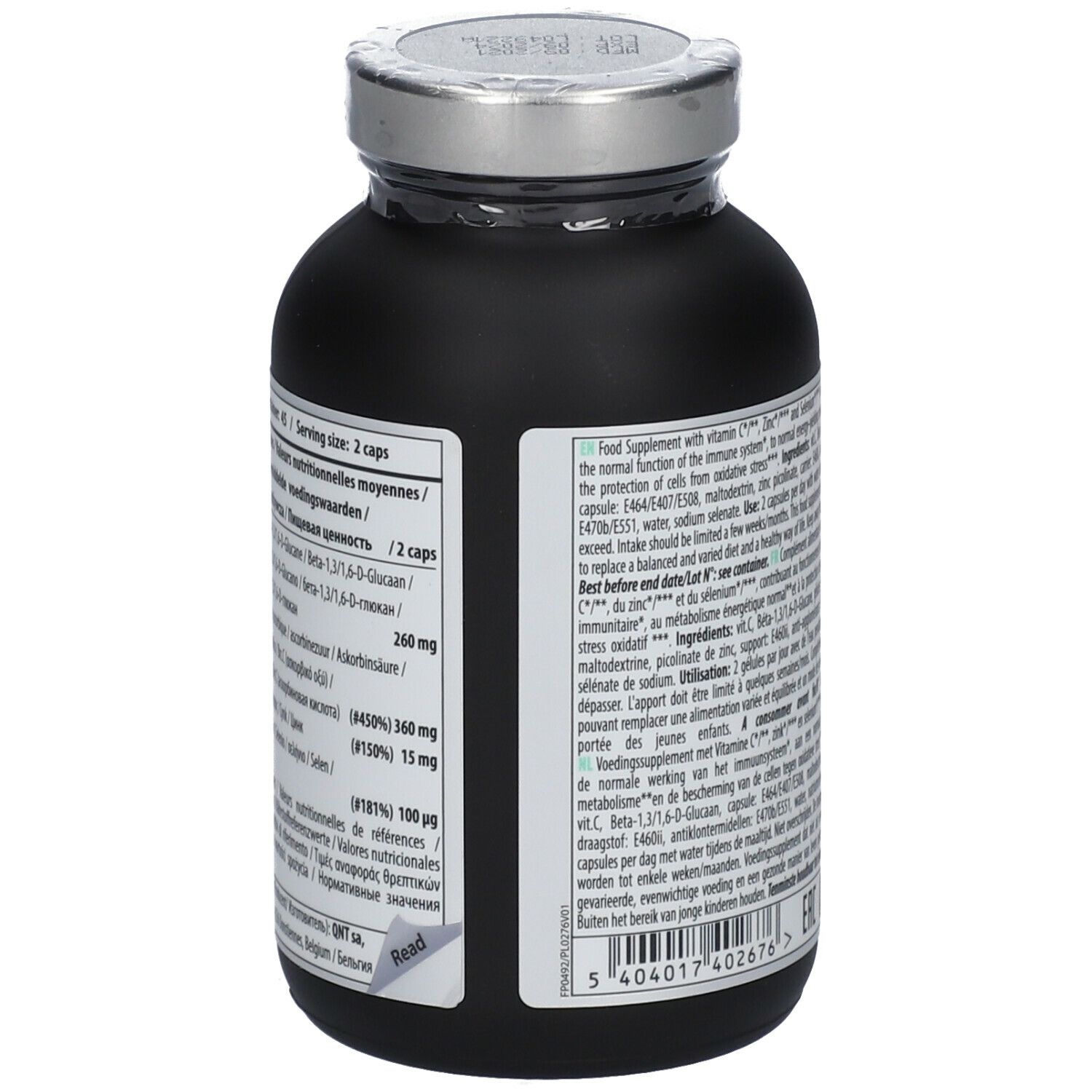 Achterkant fles met voedingswaarde. Bevat informatie over ingrediënten en dosering. Met QNT-logo.
