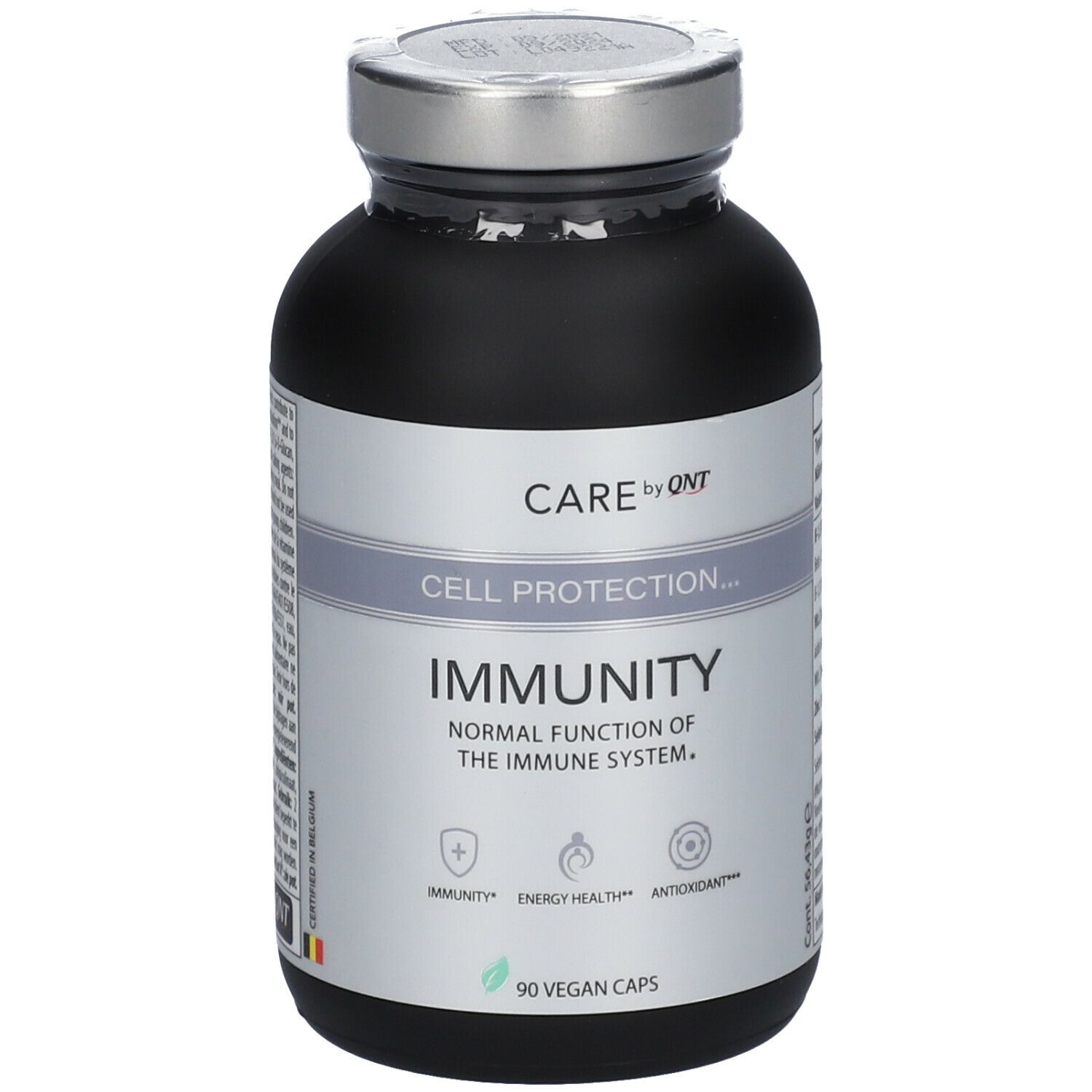 Zwarte fles met zilveren dop. Opschrift: CARE by QNT, CELL PROTECTION... IMMUNITY, 90 vegan capsules.