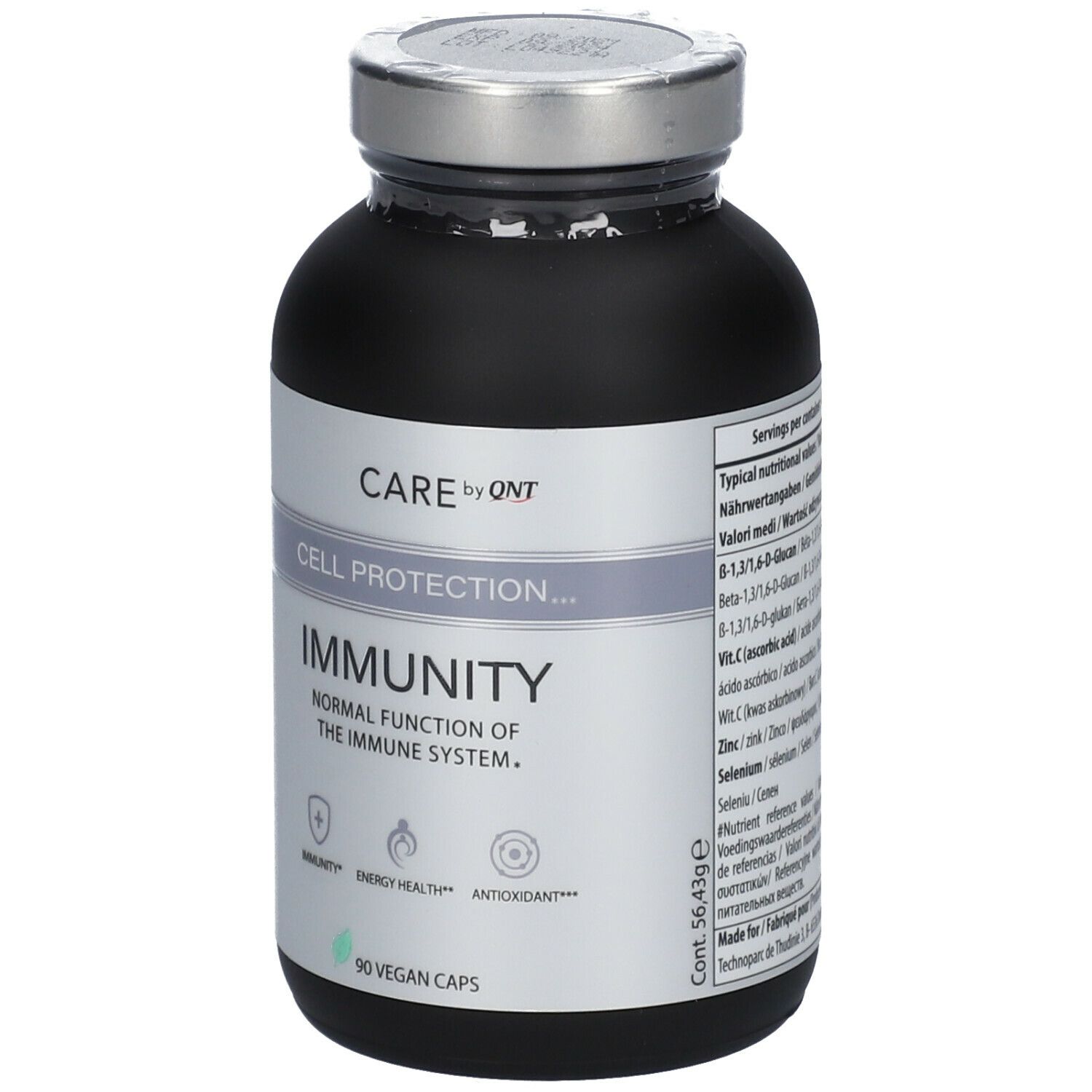 Zwarte fles met zilveren dop. Opschrift: CARE by QNT, CELL PROTECTION... IMMUNITY, 90 vegan capsules.