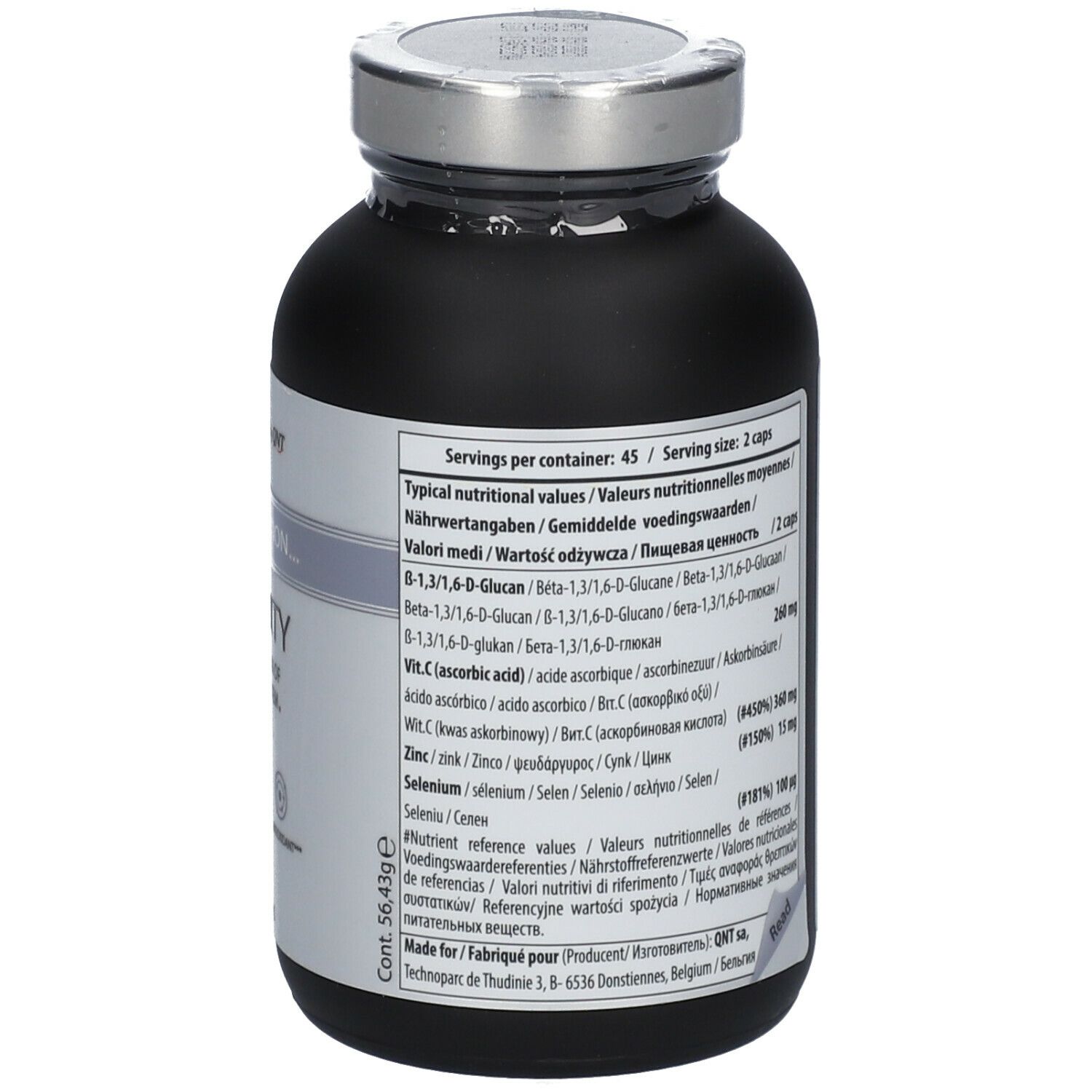 Zwarte fles met zilveren dop. Bevat voedingswaarde. Opschrift: CARE by QNT, IMMUNITY, 90 vegan capsules.