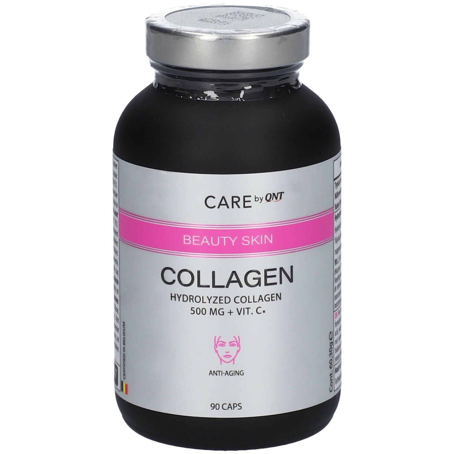 Zwarte fles met capsules. Opschrift: CARE by QNT, Beauty Skin Collagen, 500 mg + Vit. C, 90 capsules.