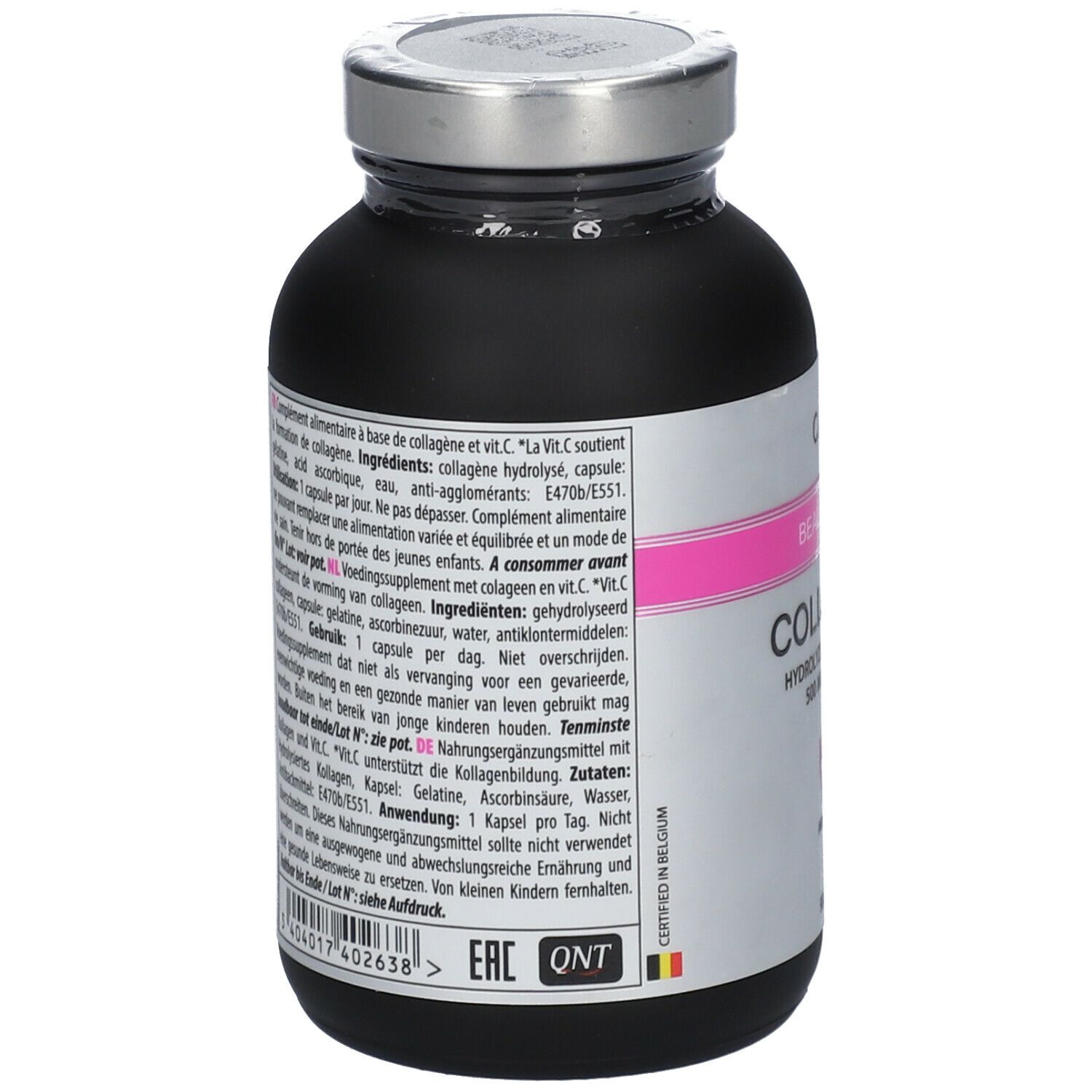 Achterkant van zwarte fles met capsules. Meertalige tekst. Opschrift: CARE by QNT, Collagen.