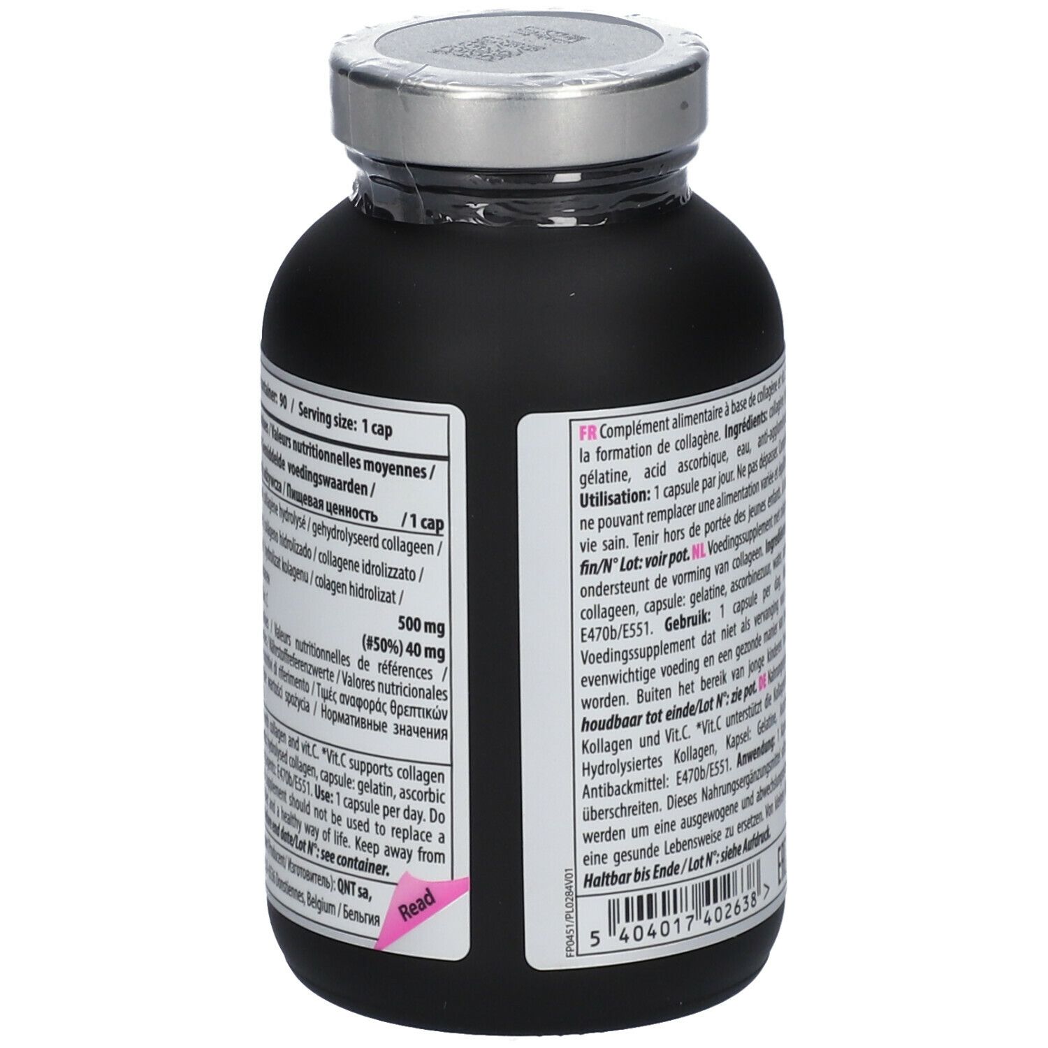 Achterkant van zwarte fles met capsules. Meertalige tekst. Opschrift: CARE by QNT, Collagen.