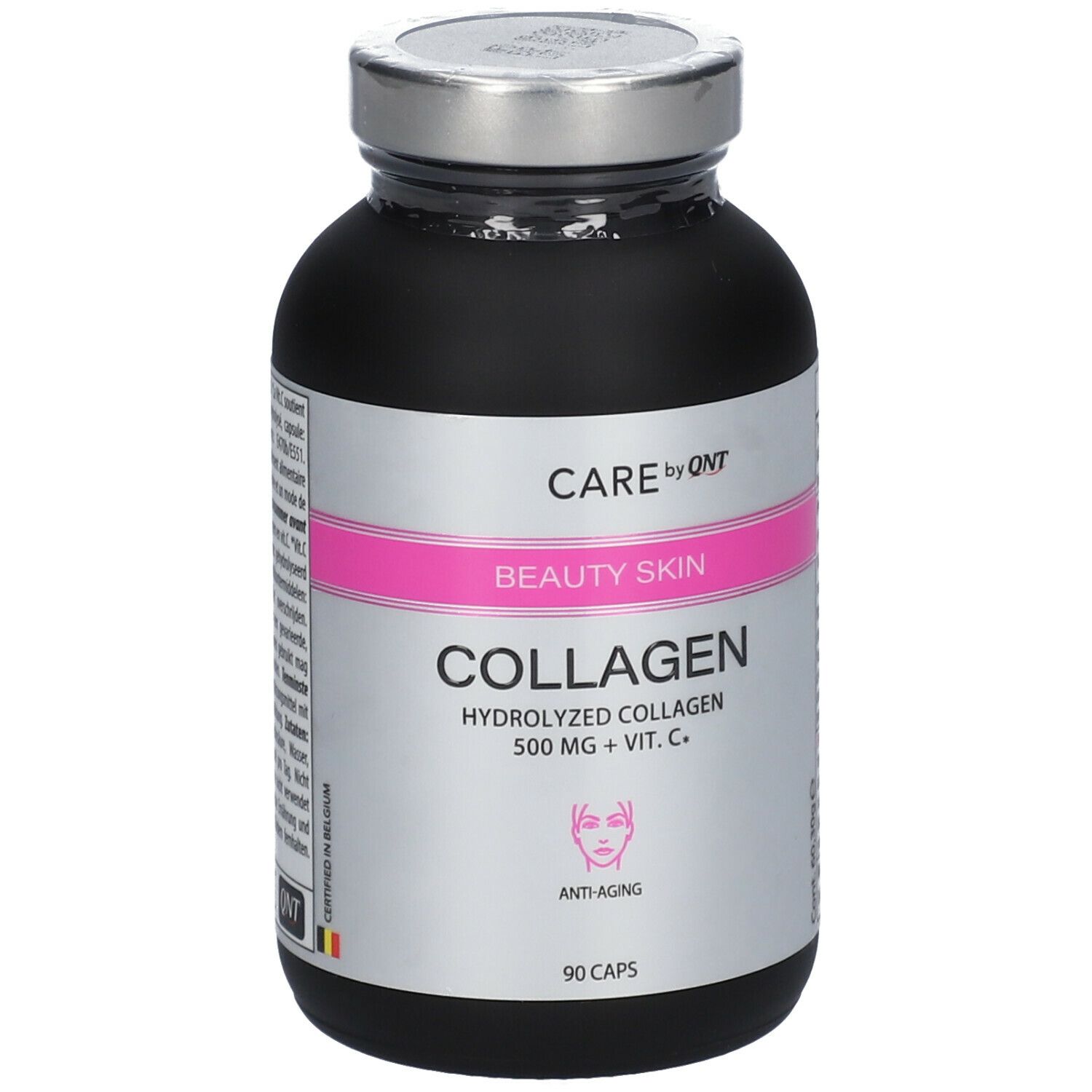 Zwarte fles met capsules. Opschrift: CARE by QNT, Beauty Skin Collagen, 500 mg + Vit. C, 90 capsules.