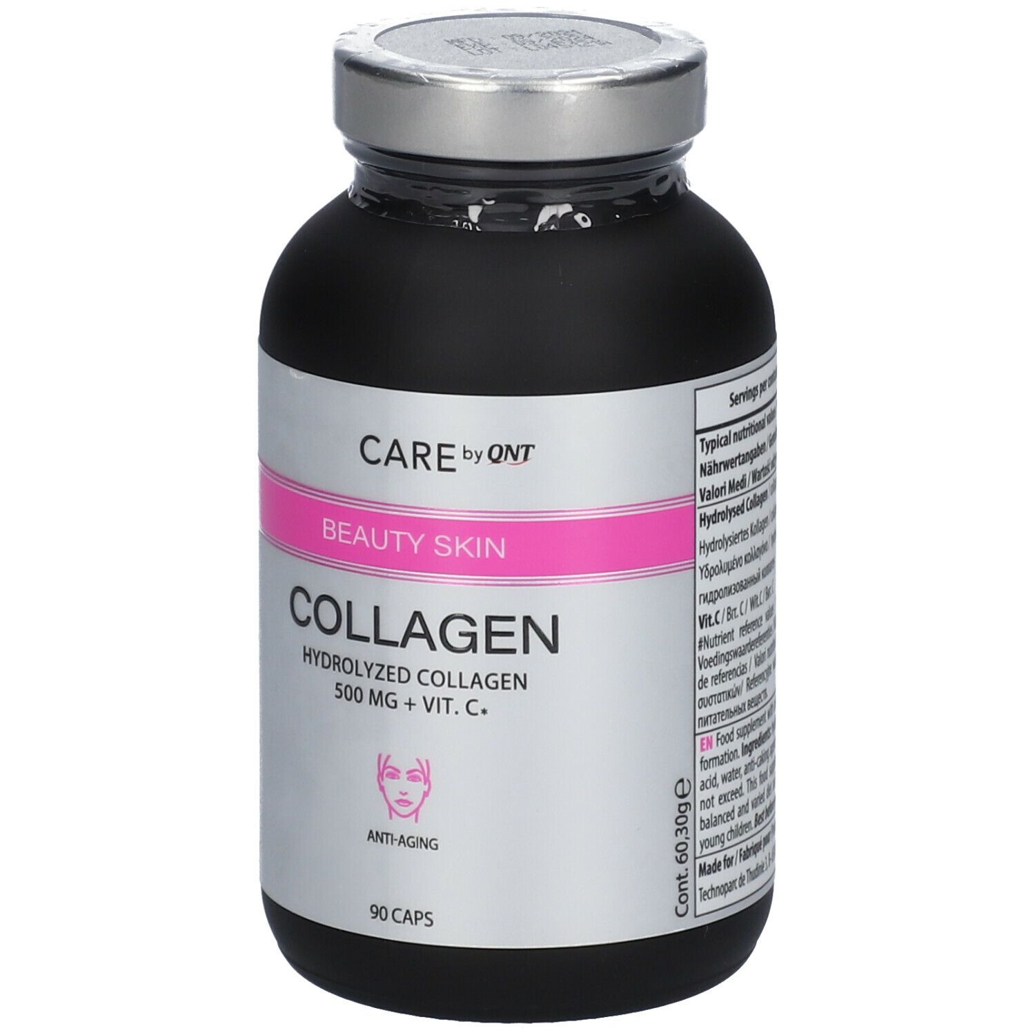 Zwarte fles met capsules. Opschrift: CARE by QNT, Beauty Skin Collagen, 500 mg + Vit. C, 90 capsules.