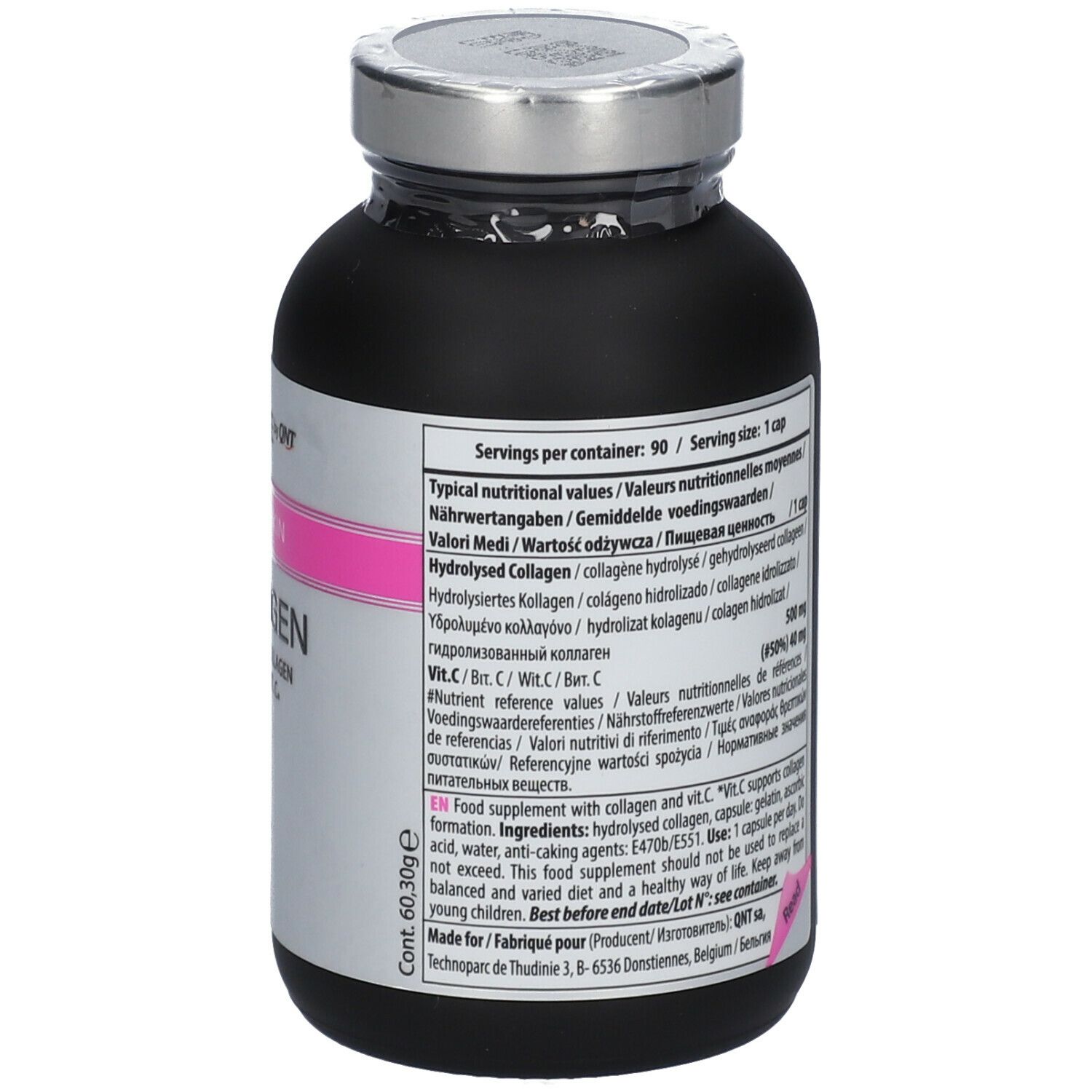 Achterkant van zwarte fles met capsules. Meertalige tekst. Opschrift: CARE by QNT, Collagen.
