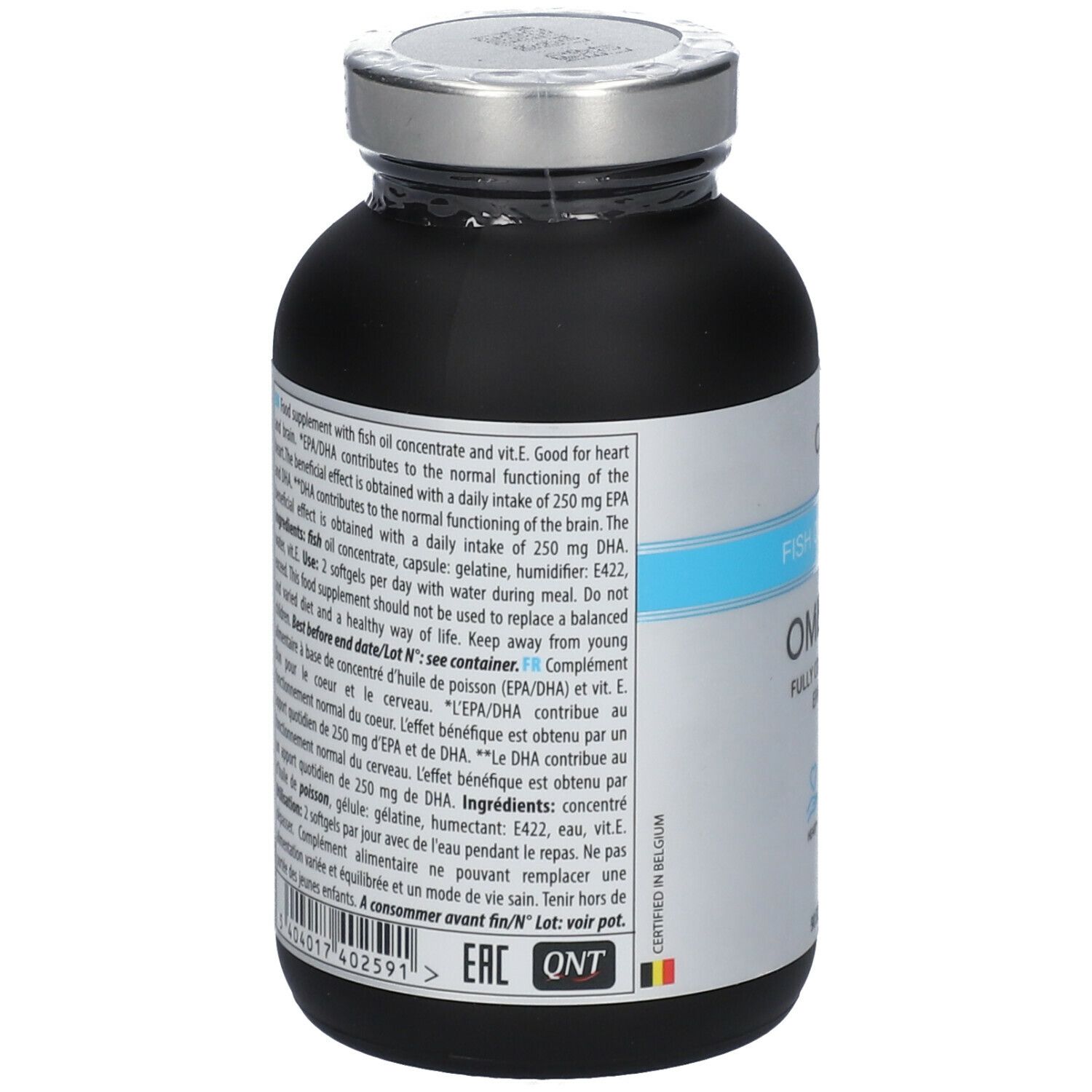 Achterkant van een zwarte fles met Omega 3 capsules. Tekstinformatie en ingrediënten zichtbaar.