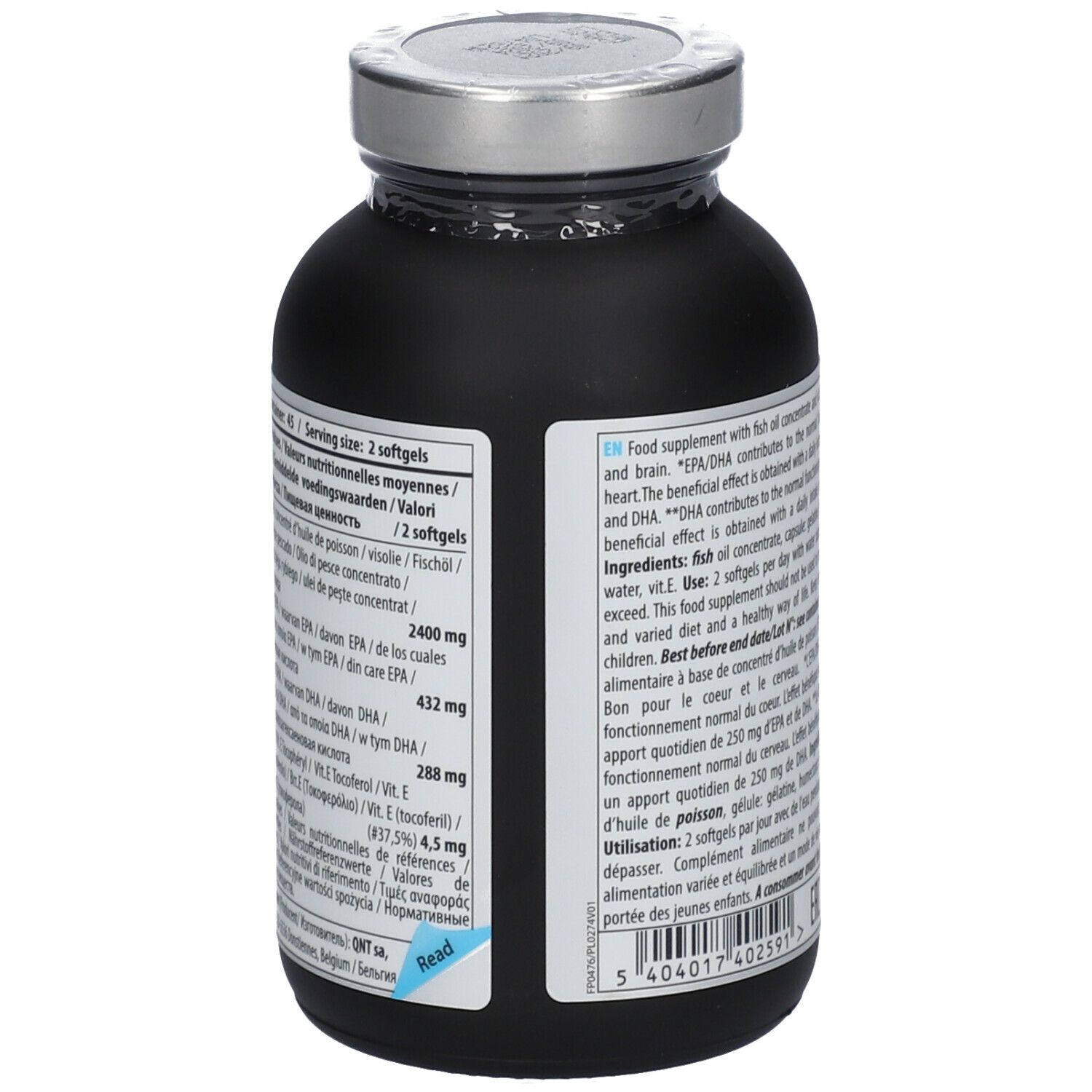 Achterkant van een zwarte fles met Omega 3 capsules. Voedingswaarde en ingrediënten zichtbaar.