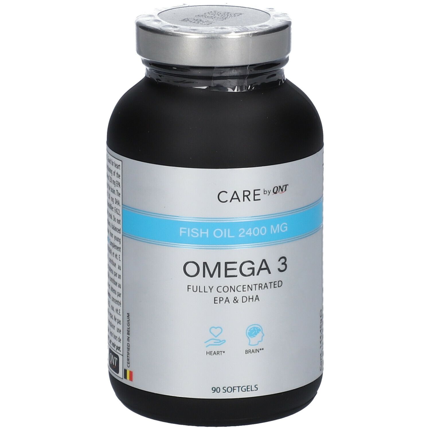 Zwarte fles met Omega 3 capsules. Opschrift: CARE by QNT, Fish Oil 2400 MG, Omega 3, 90 softgels.