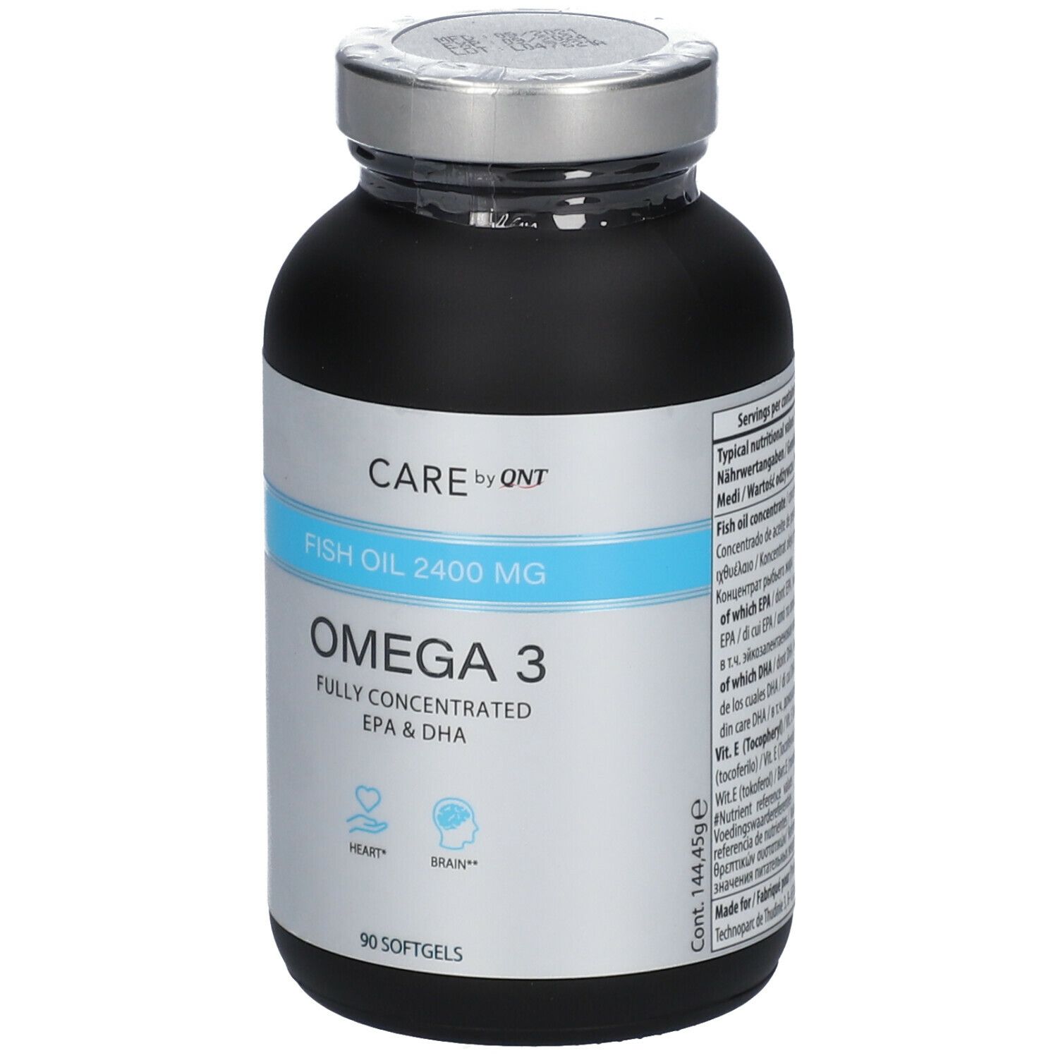 Zwarte fles met Omega 3 capsules. Opschrift: CARE by QNT, Fish Oil 2400 MG, Omega 3, 90 softgels.