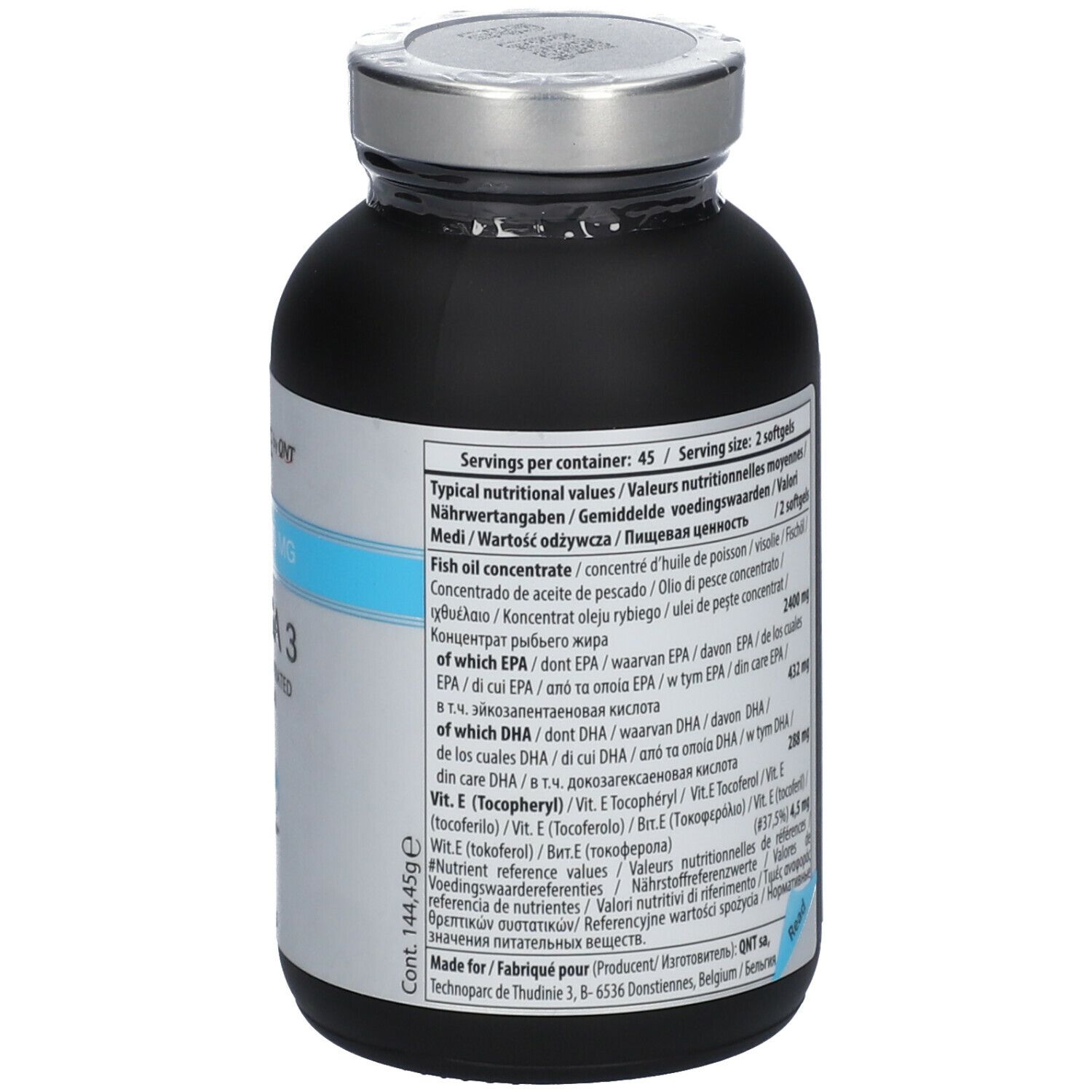 Achterkant van een zwarte fles met Omega 3 capsules. Voedingswaarde en ingrediënten zichtbaar.