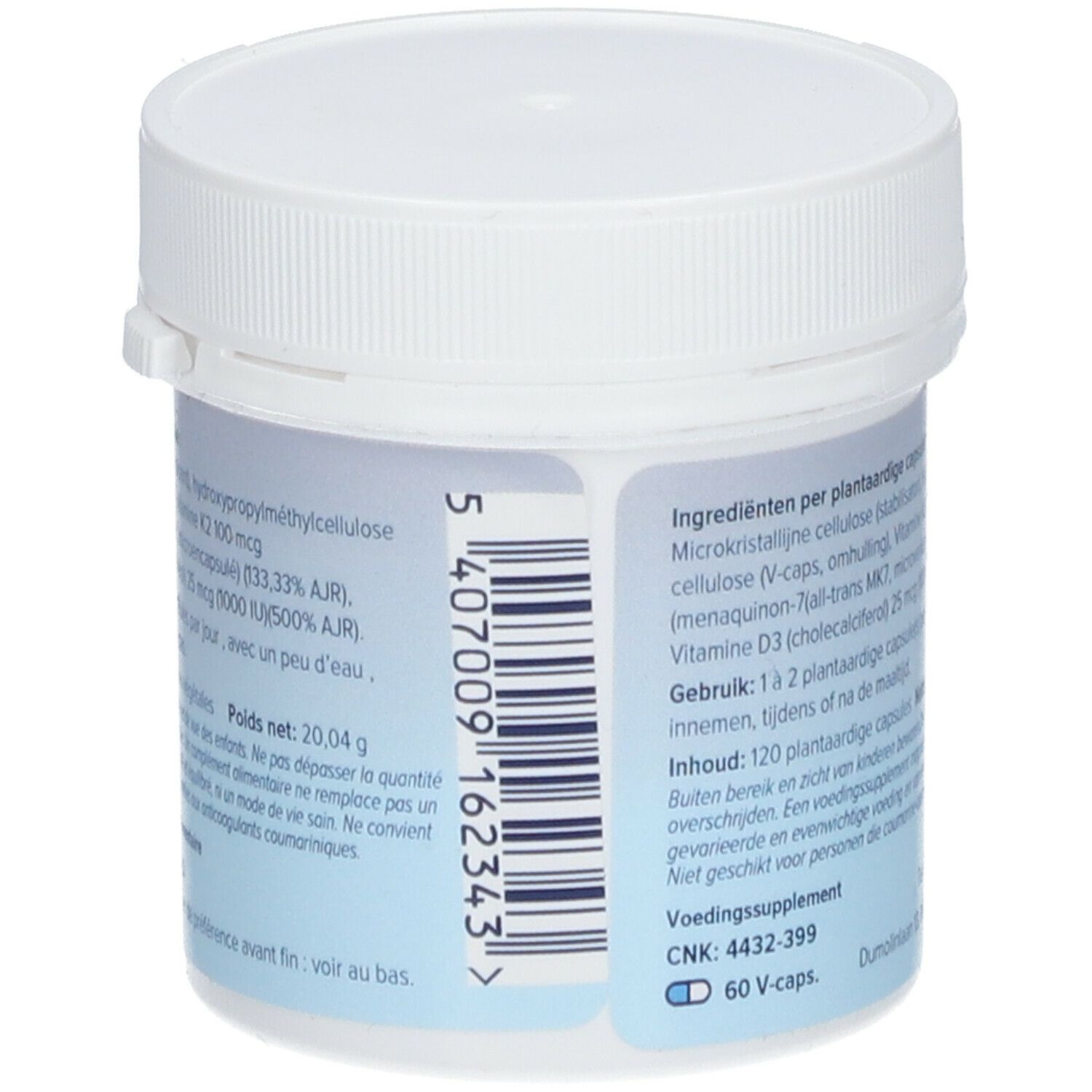 Witte pot met schroefdop. Opschrift: Ingrediënten, gebruiksaanwijzing, voedingswaarde. Barcode.