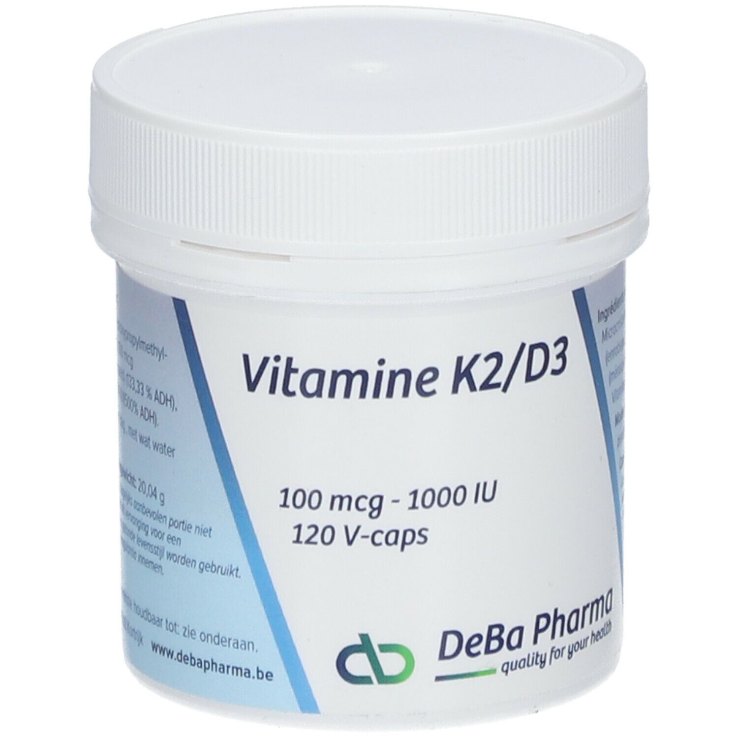 Witte pot met schroefdop. Opschrift: Vitamine K2/D3, 100 mcg - 1000 IE, 120 V-caps. Logo DeBa Pharma.