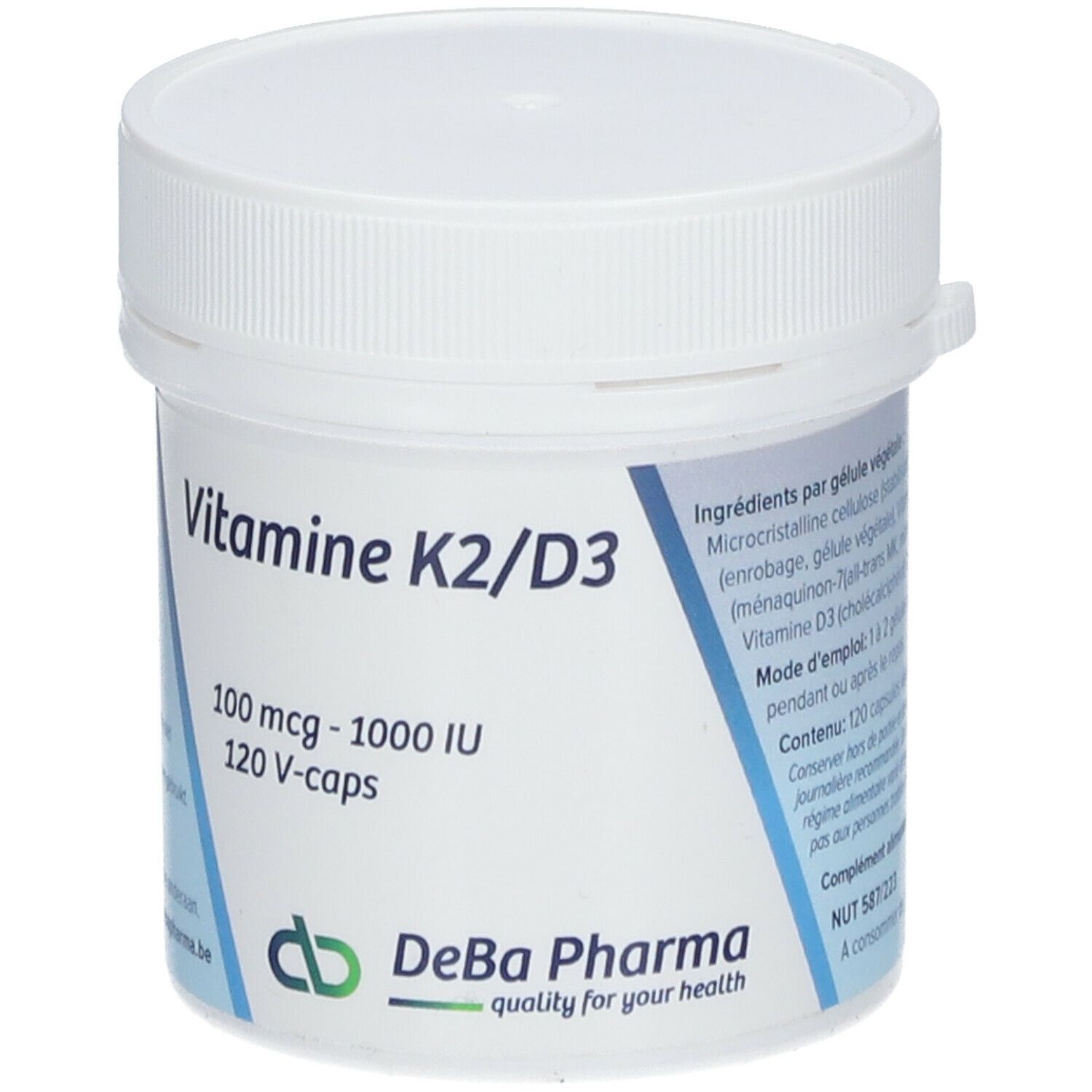 Witte pot met schroefdop. Opschrift: Vitamine K2/D3, 100 mcg - 1000 IE, 120 V-caps. Logo DeBa Pharma.