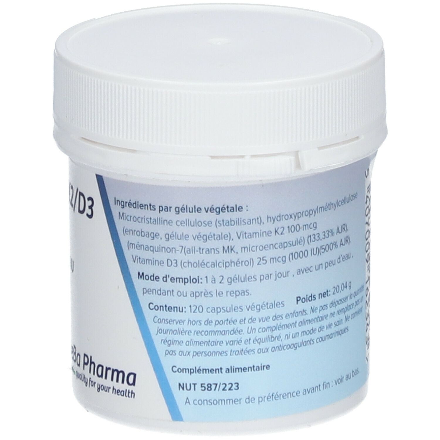 Achterkant van een witte pot. Opschrift: Ingrediënten, gebruiksaanwijzing, voedingswaarde. Logo DeBa Pharma.