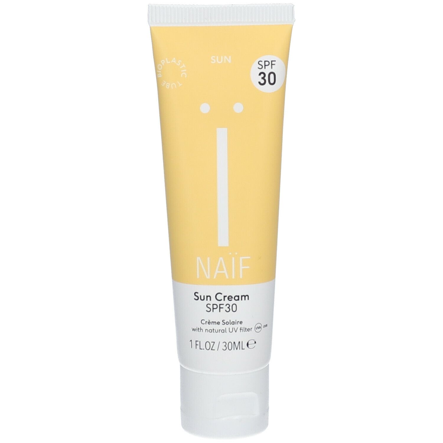 Gele tube zonnecrème. Opschrift: NAIF, Sun Cream SPF30, Crème Solaire, SPF 30. Witte dop.