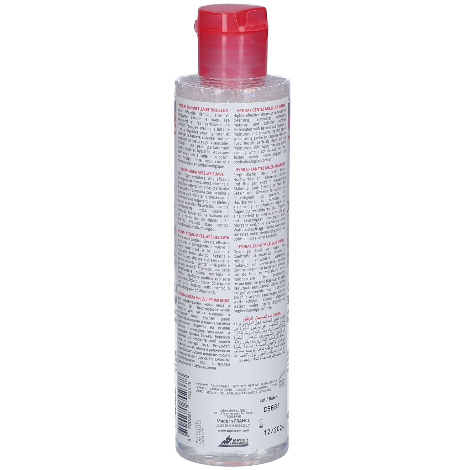 Flacon transparent avec bouchon rouge. Verso avec texte multilingue. Inscription TOPICREM et numéro de lot.