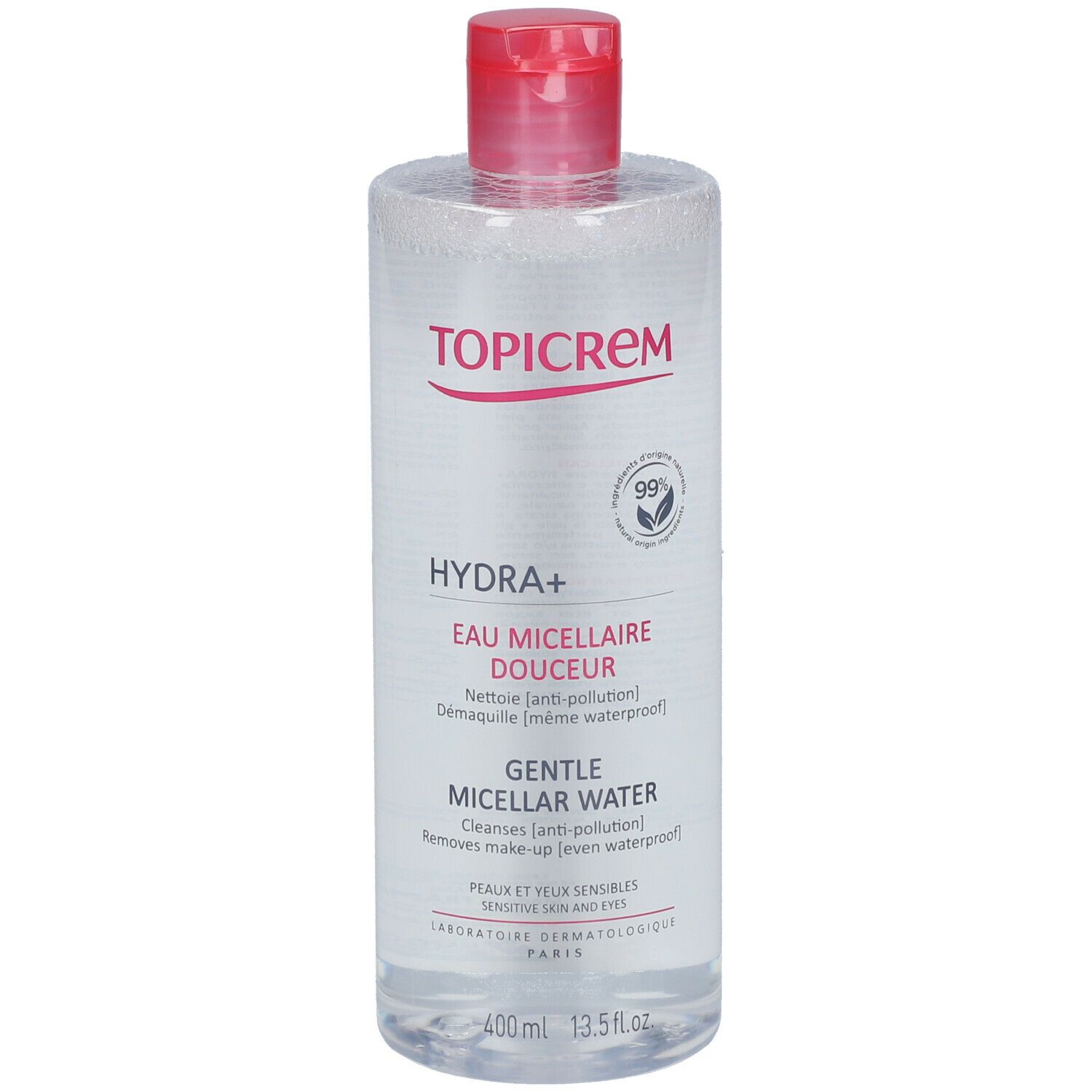 Transparante fles met rode dop. Opschrift TOPICREM, HYDRA+, Eau Micellaire Douceur, Gentle Micellar Water. 400 ml.