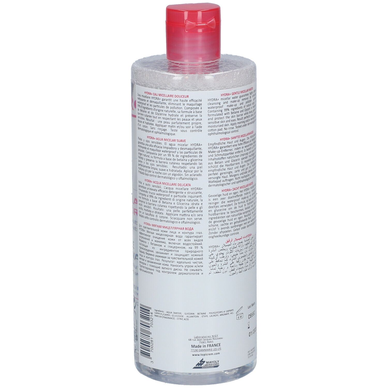 Achterkant van een transparante fles met rode dop. Meertalige tekst. Opschrift TOPICREM, lotnummer en vervaldatum.