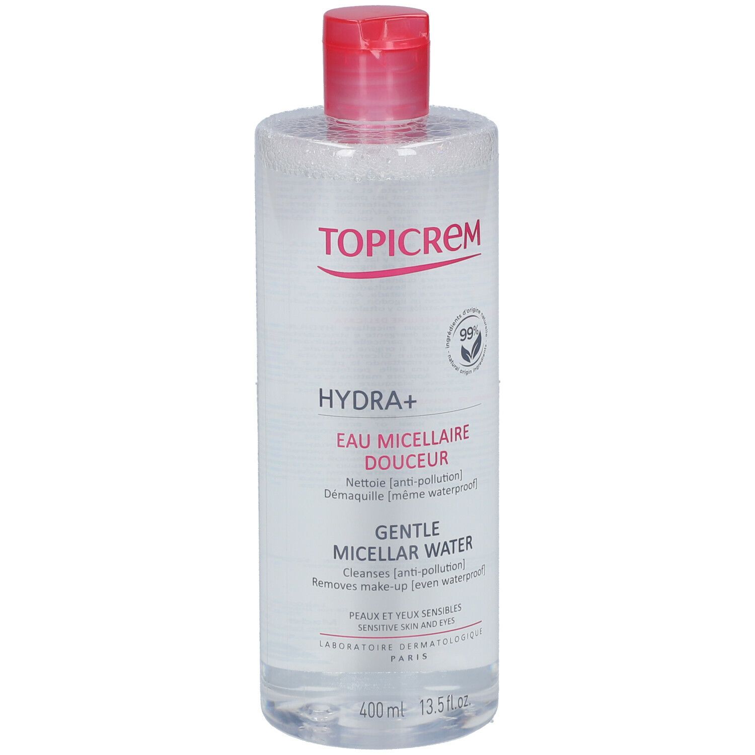Transparante fles met rode dop. Opschrift TOPICREM, HYDRA+, Eau Micellaire Douceur, Gentle Micellar Water. 400 ml.