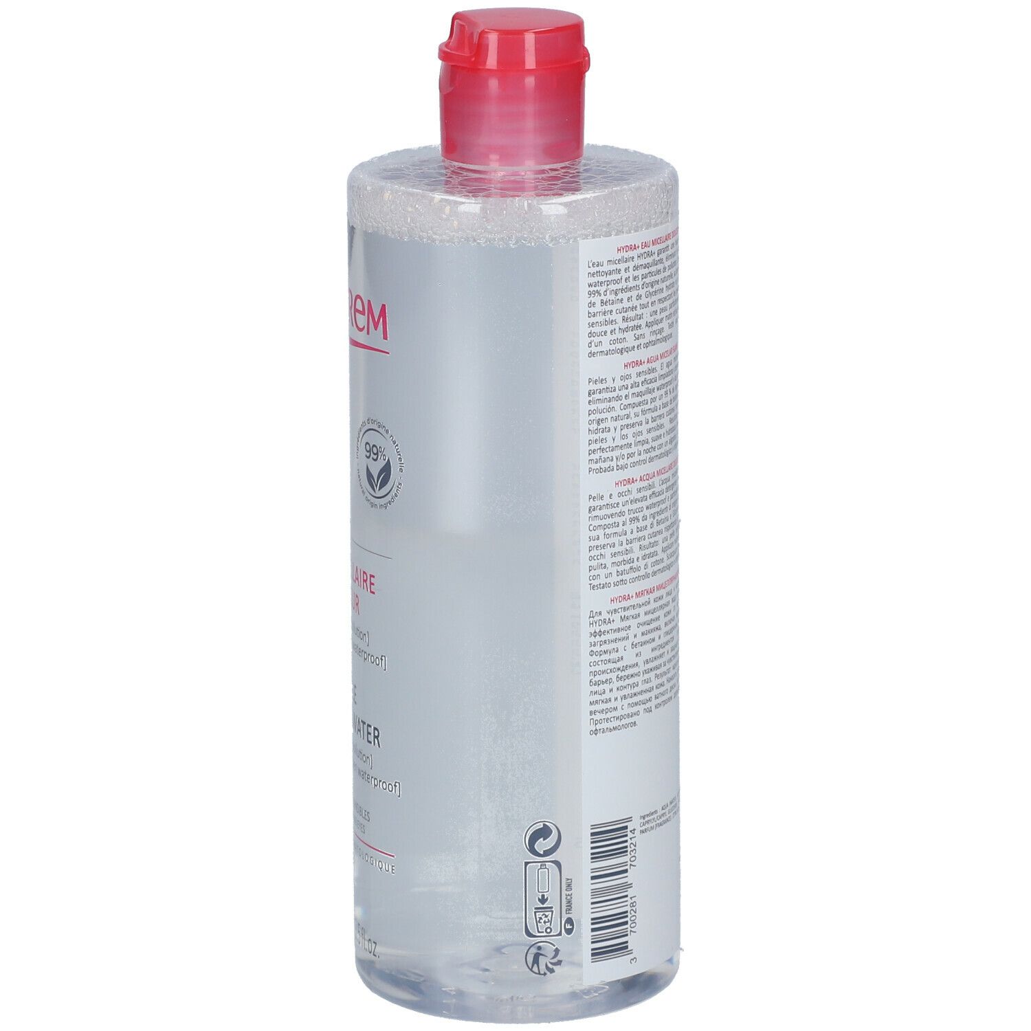 Achterkant van een transparante fles met rode dop. Meertalige tekst. Opschrift TOPICREM, lotnummer en vervaldatum.