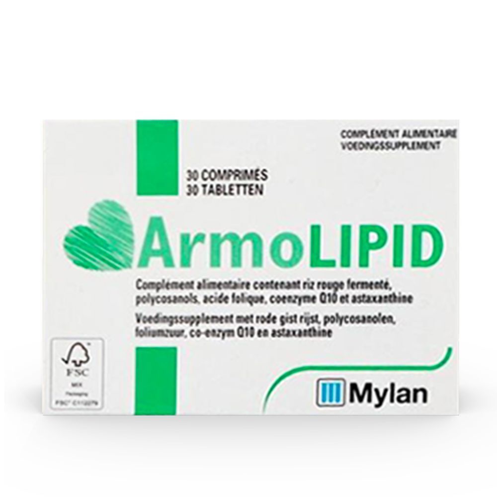 Boîte ArmoLIPID. Boîte blanche avec logo cœur vert et texte. Contient 30 comprimés. Logo Mylan.