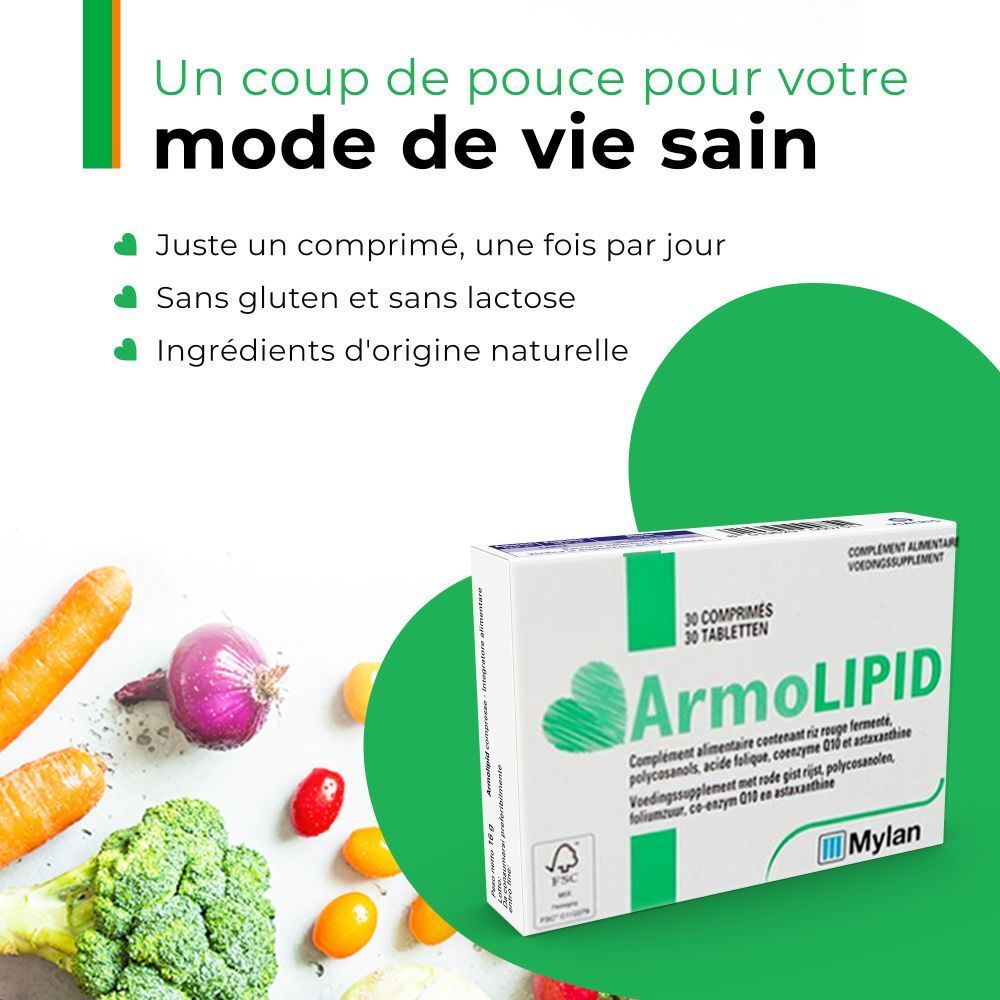 Boîte ArmoLIPID à côté de légumes. Texte: Une seule comprimé par jour. Sans gluten et sans lactose. Ingrédients naturels.