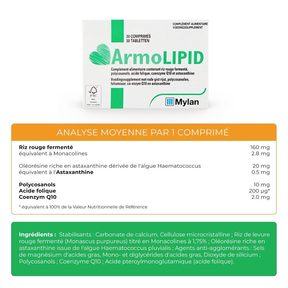 Boîte ArmoLIPID et analyse des ingrédients. Contient du riz rouge, des polycosanols, de l'acide folique, de la coenzyme Q10 et de l'astaxanthine.