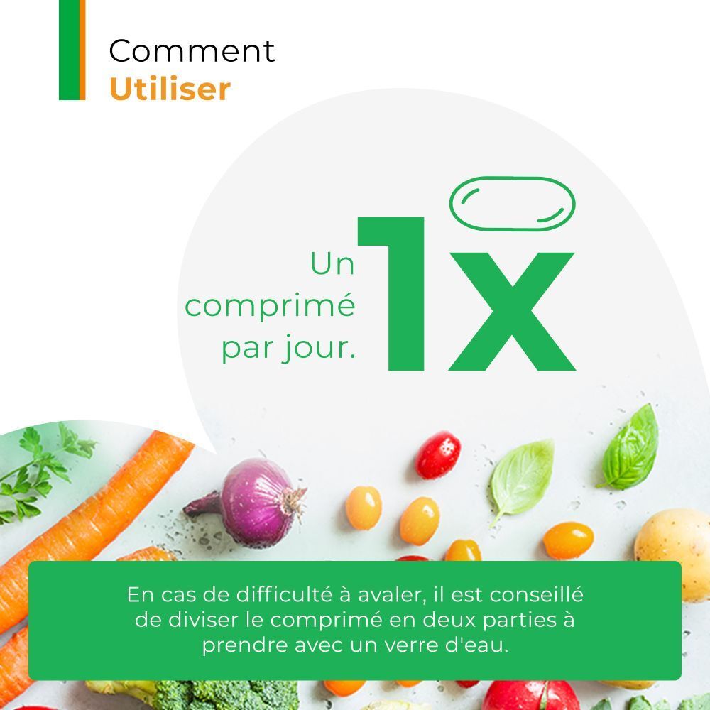 Instructions d'utilisation: 1 comprimé par jour. En cas de difficulté à avaler, diviser le comprimé avec de l'eau.