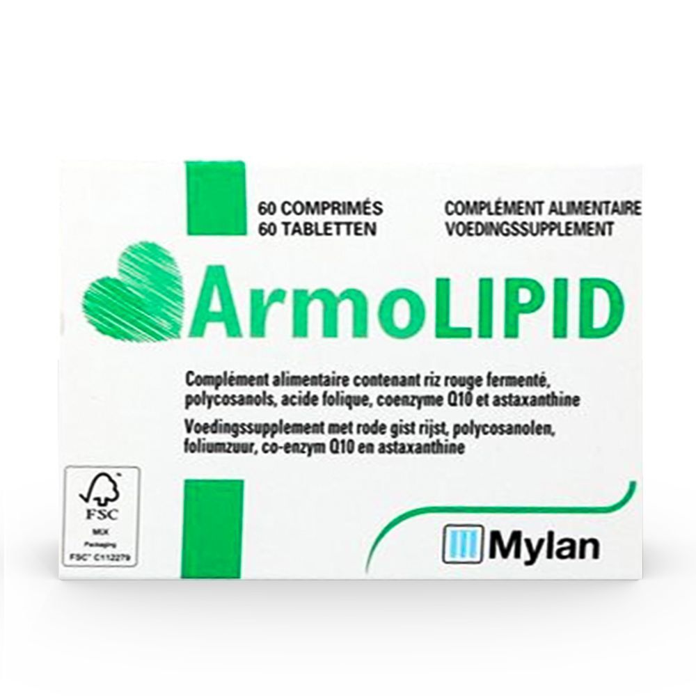 Boîte de comprimés ArmoLIPID. 60 comprimés. Emballage vert et blanc avec logo et texte.