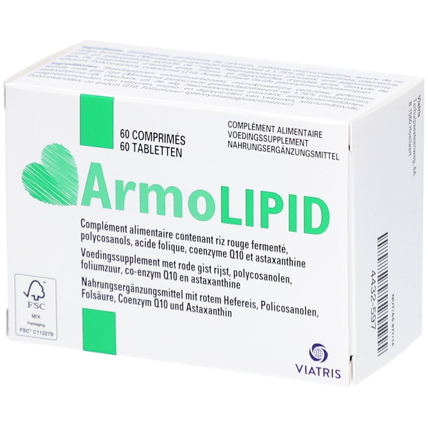 Boîte de comprimés ArmoLIPID. 60 comprimés. Emballage vert et blanc avec logo et texte.