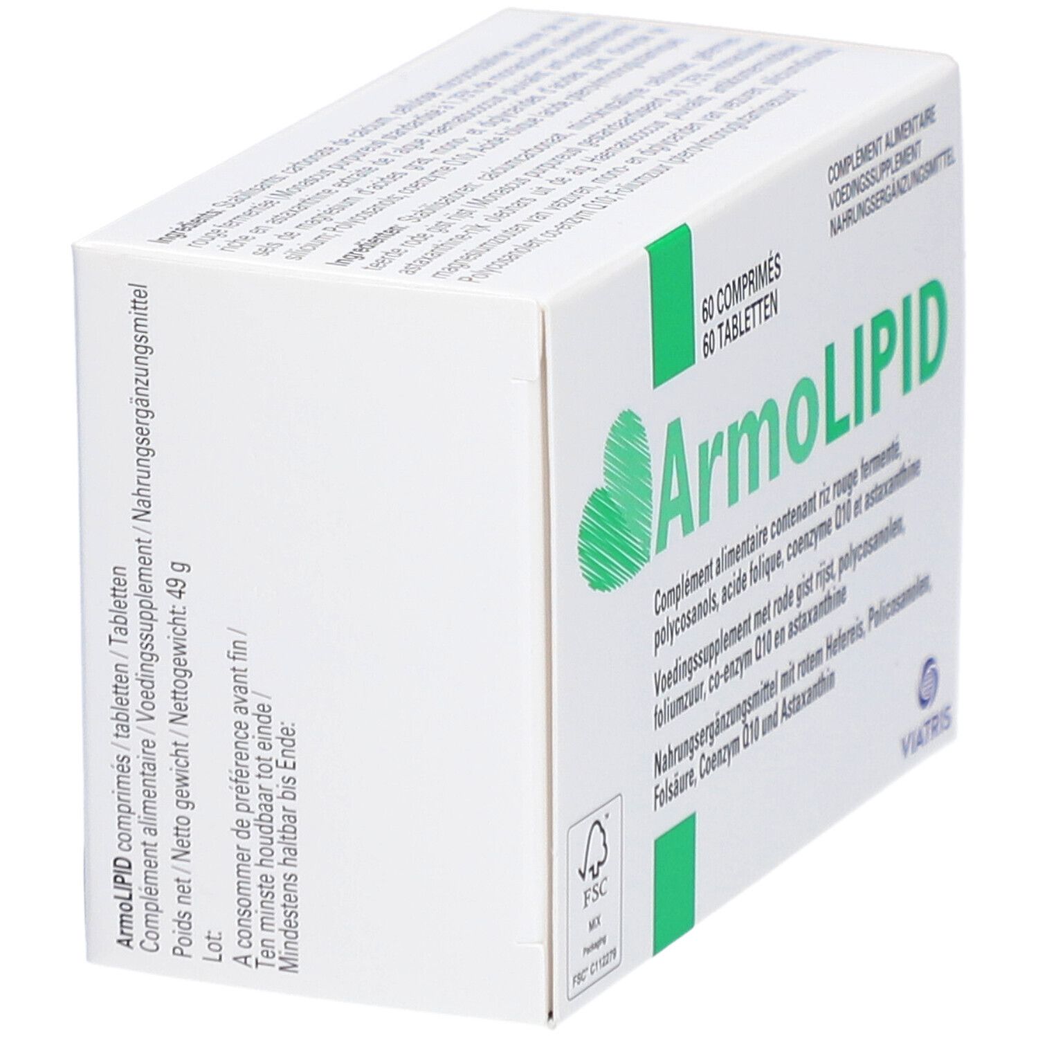 Boîte de comprimés ArmoLIPID. 60 comprimés. Emballage vert et blanc avec logo et texte.