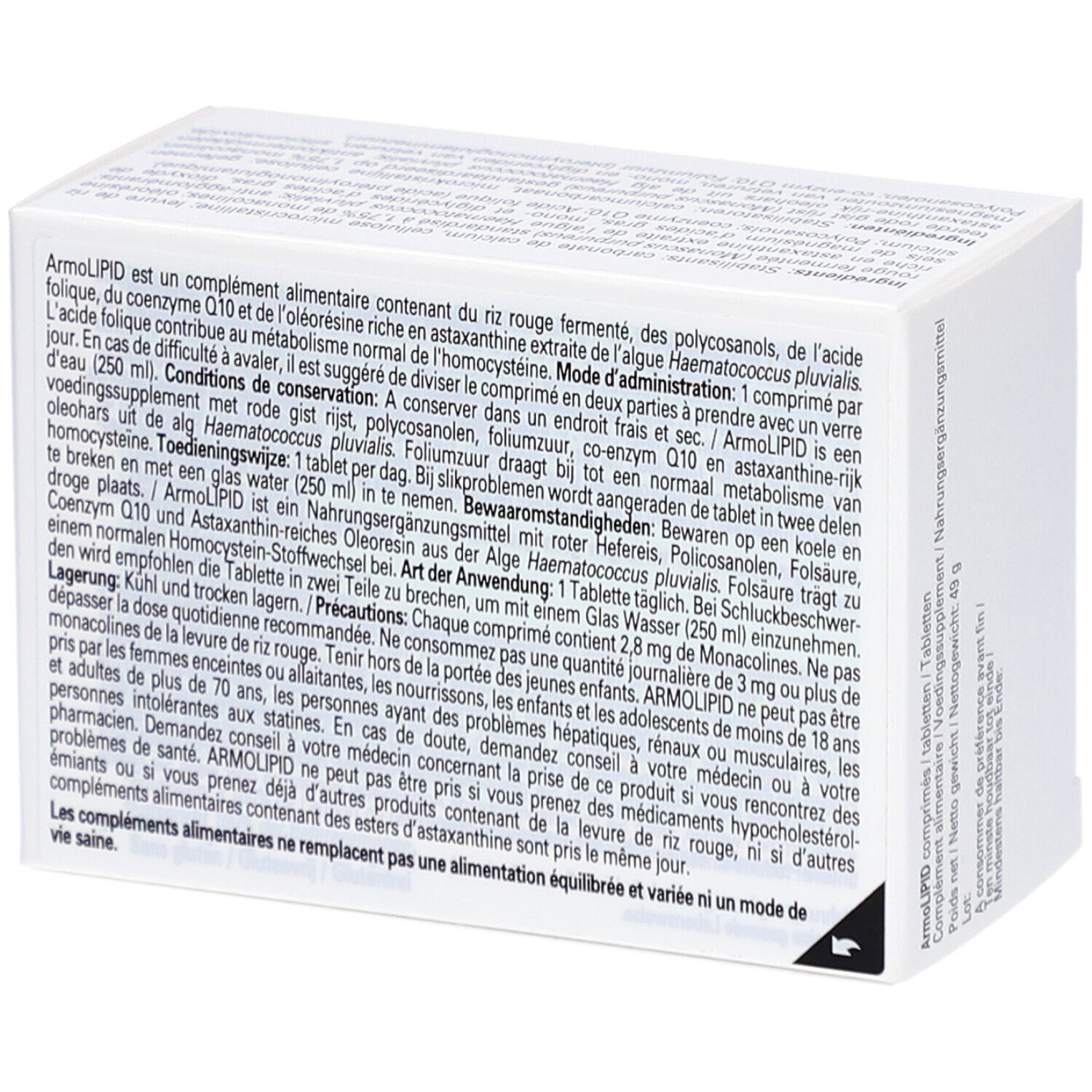 Dos de l'emballage ArmoLIPID. Texte multilingue. Logo FSC.