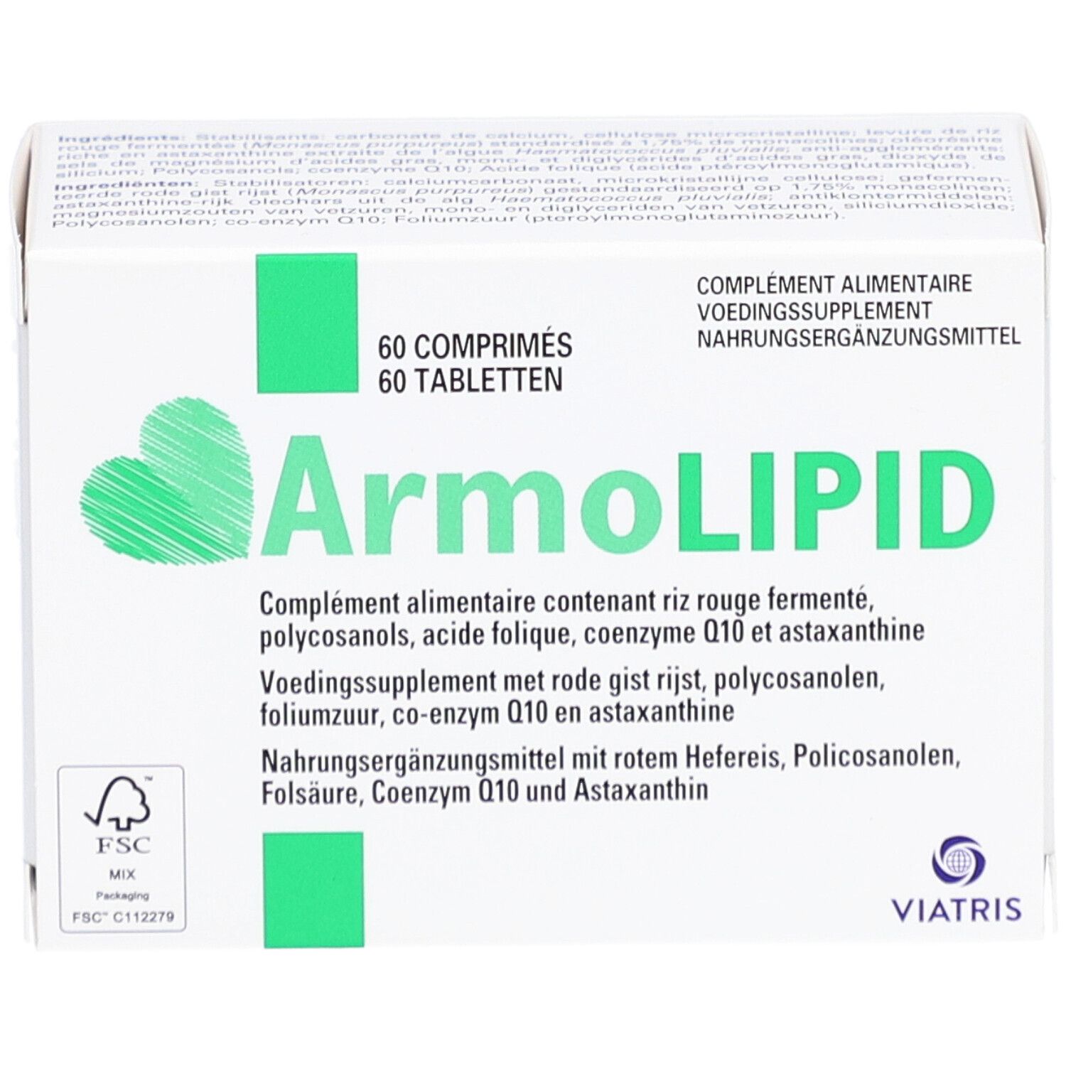 Boîte de comprimés ArmoLIPID. 60 comprimés. Emballage vert et blanc avec logo et texte.