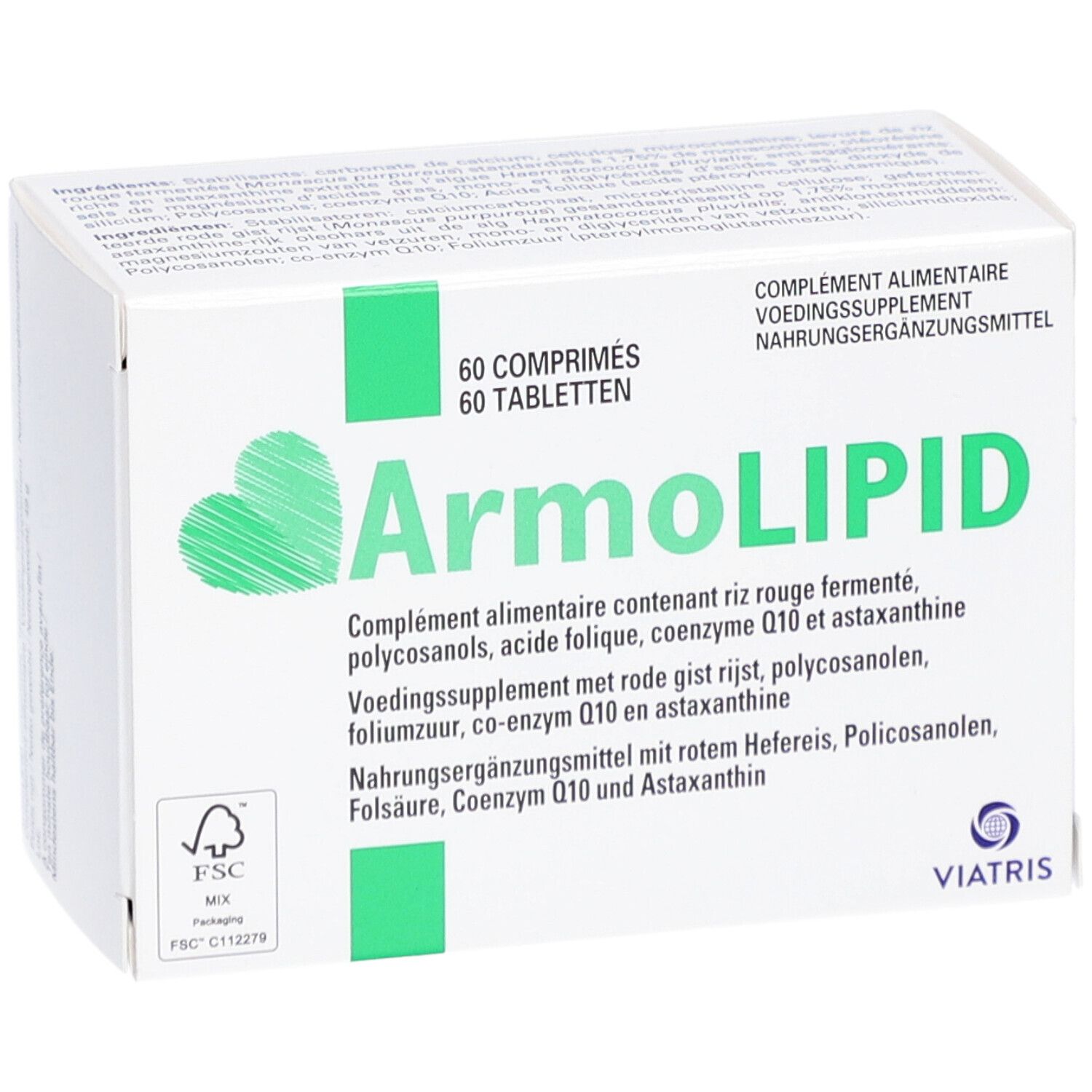 Boîte de comprimés ArmoLIPID. 60 comprimés. Emballage vert et blanc avec logo et texte.