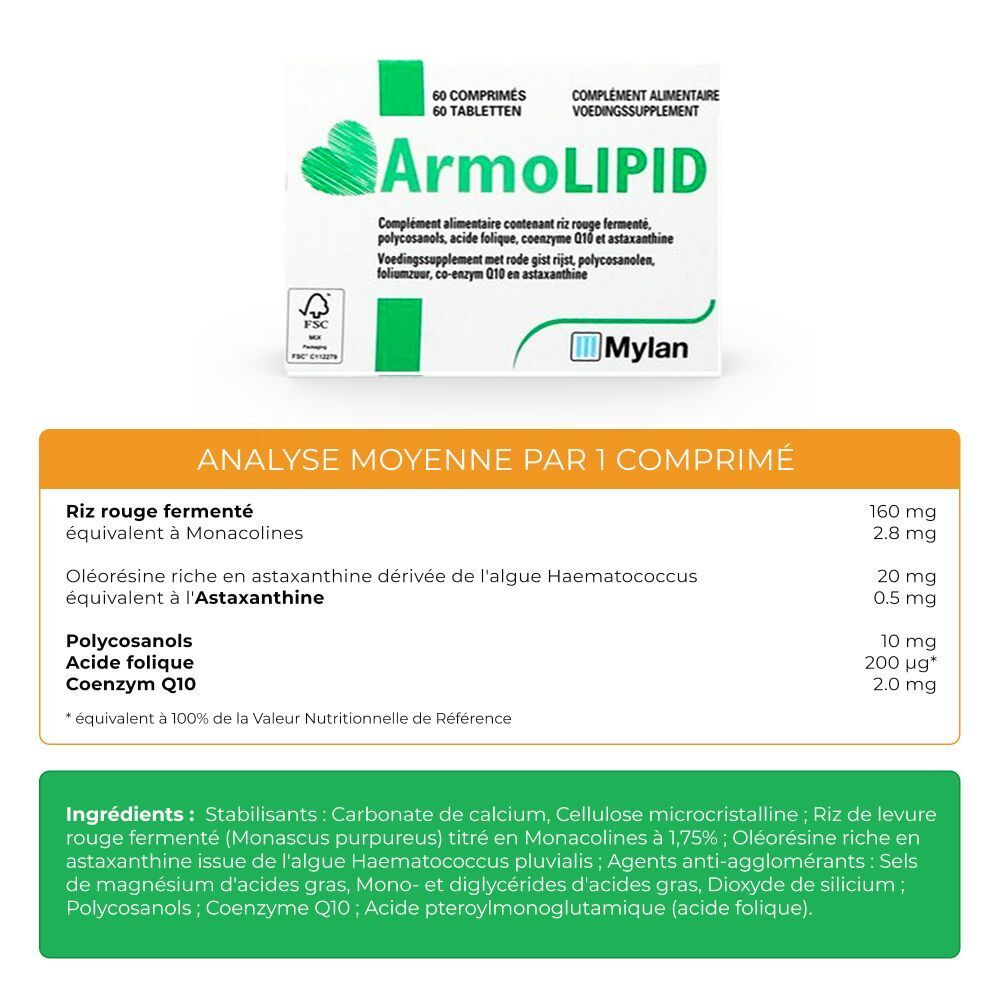 Infographie avec ingrédients et informations nutritionnelles pour ArmoLIPID. Texte en français.