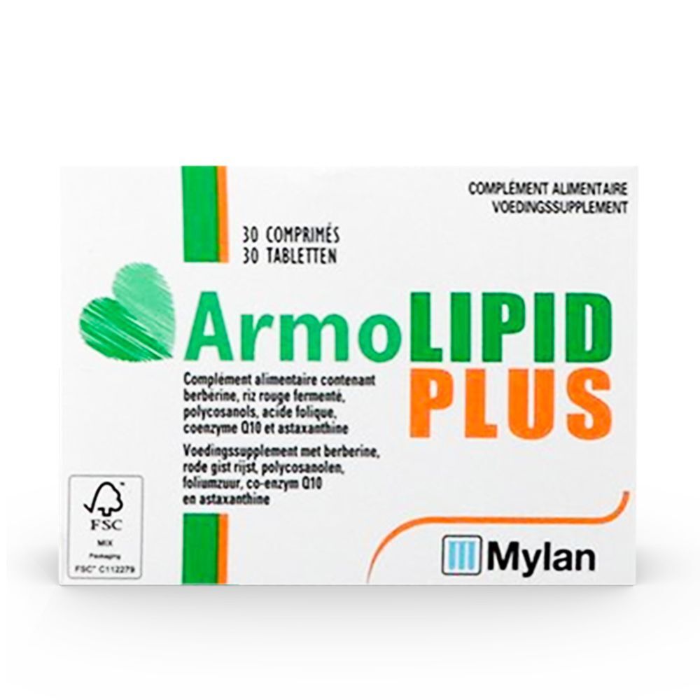 Boîte ArmoLIPID PLUS. 30 comprimés. Design vert et orange. Logo Mylan.