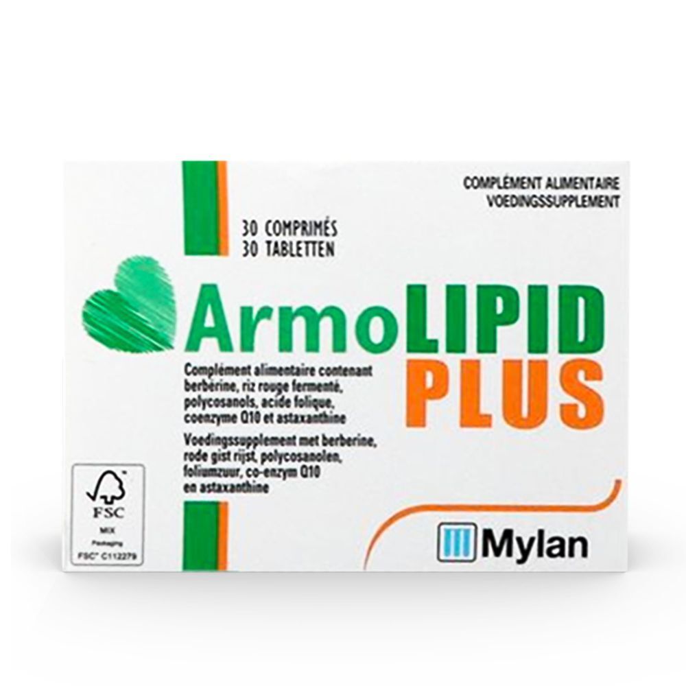 Doos ArmoLIPID PLUS. 30 tabletten. Groen-oranje ontwerp. Mylan-logo.