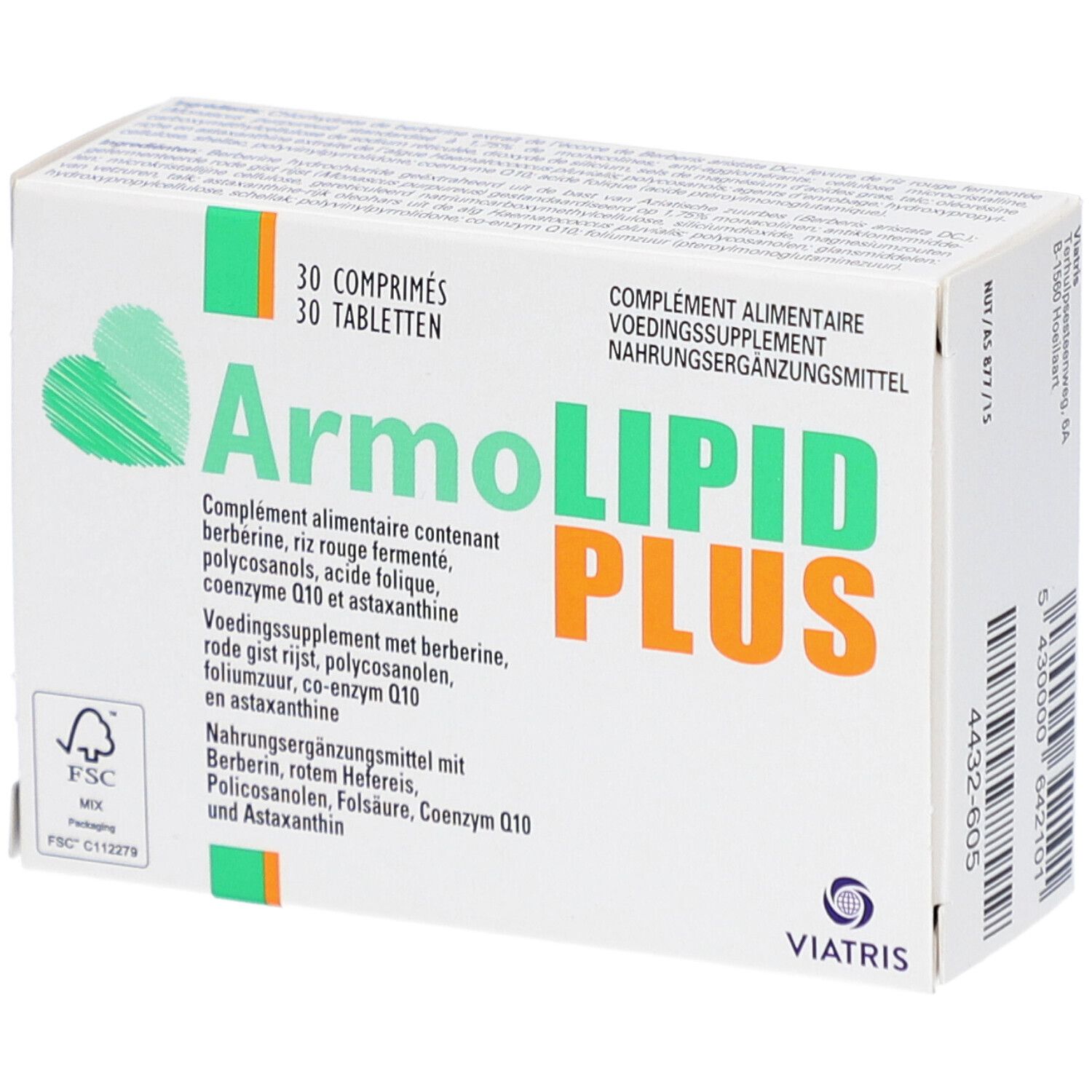 Boîte ArmoLIPID PLUS. 30 comprimés. Design vert et orange. Logo Viatris.