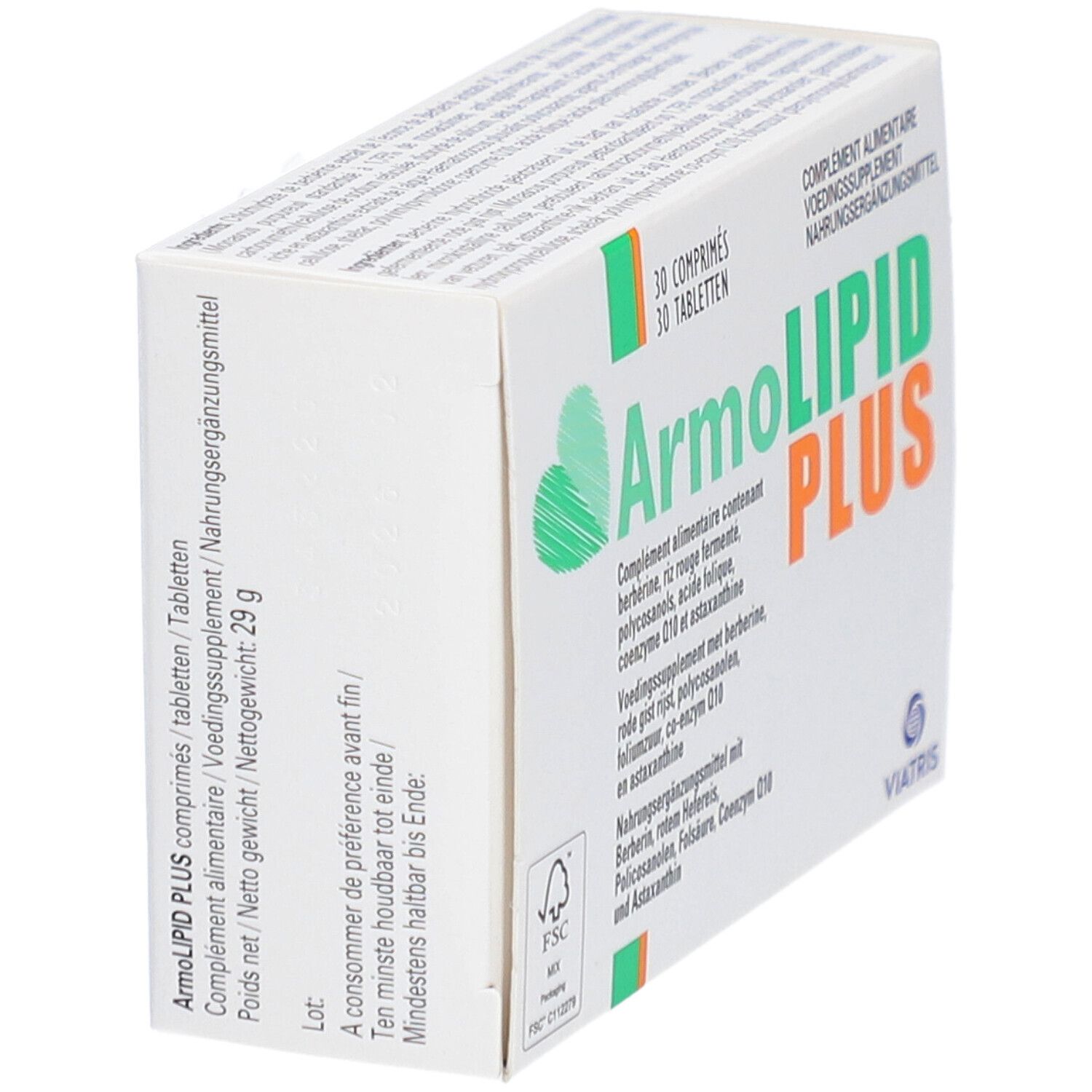 Boîte ArmoLIPID PLUS. 30 comprimés. Design vert et orange. Logo Viatris.