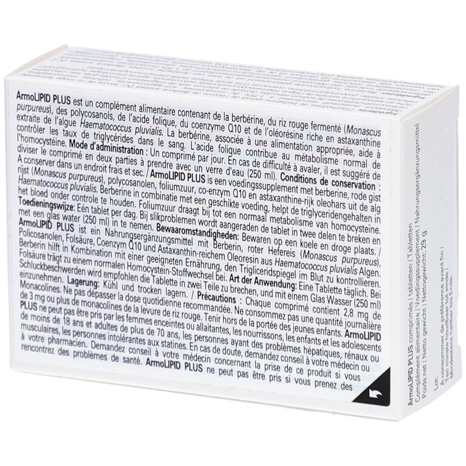 Dos de la boîte ArmoLIPID PLUS. Texte multilingue. Code-barres.