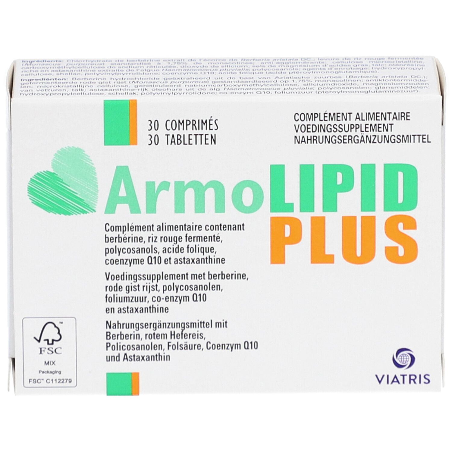 Boîte ArmoLIPID PLUS. 30 comprimés. Design vert et orange. Logo Viatris.