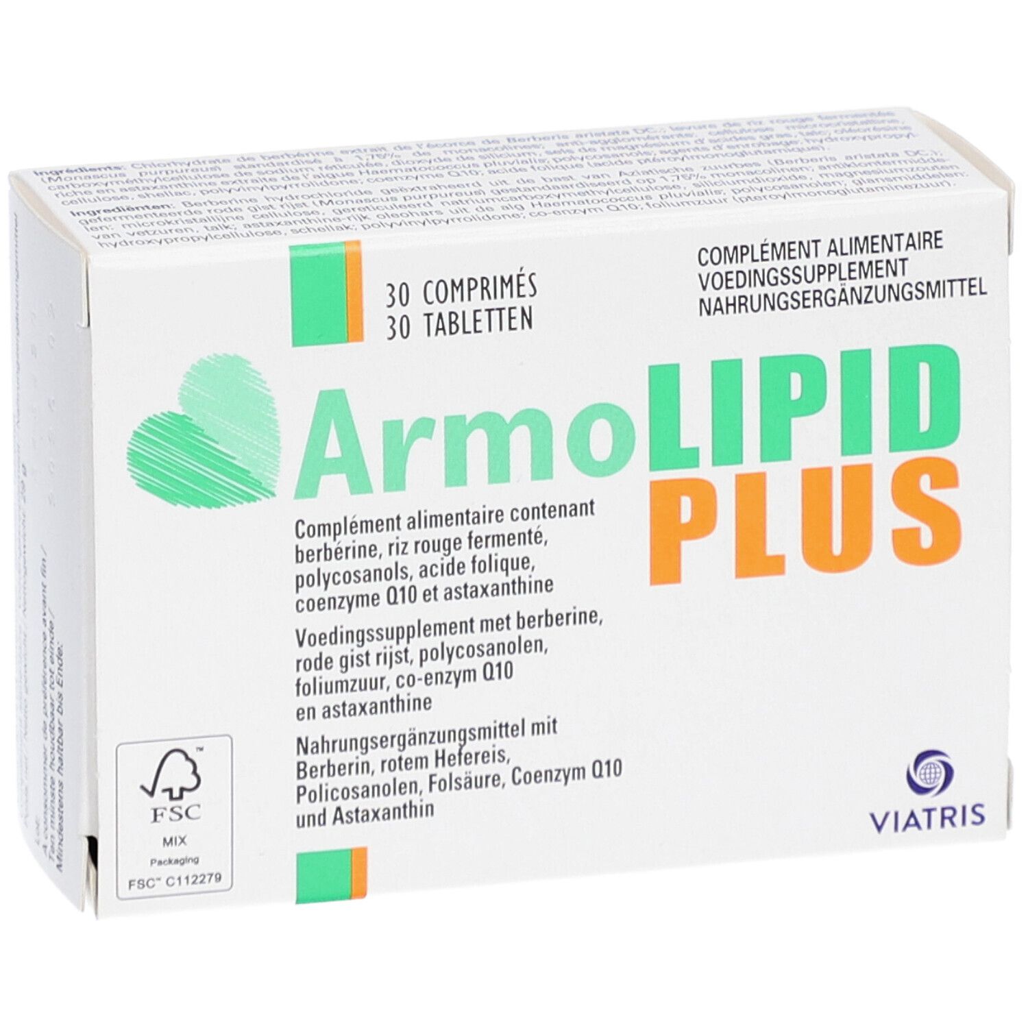 Boîte ArmoLIPID PLUS. 30 comprimés. Design vert et orange. Logo Viatris.