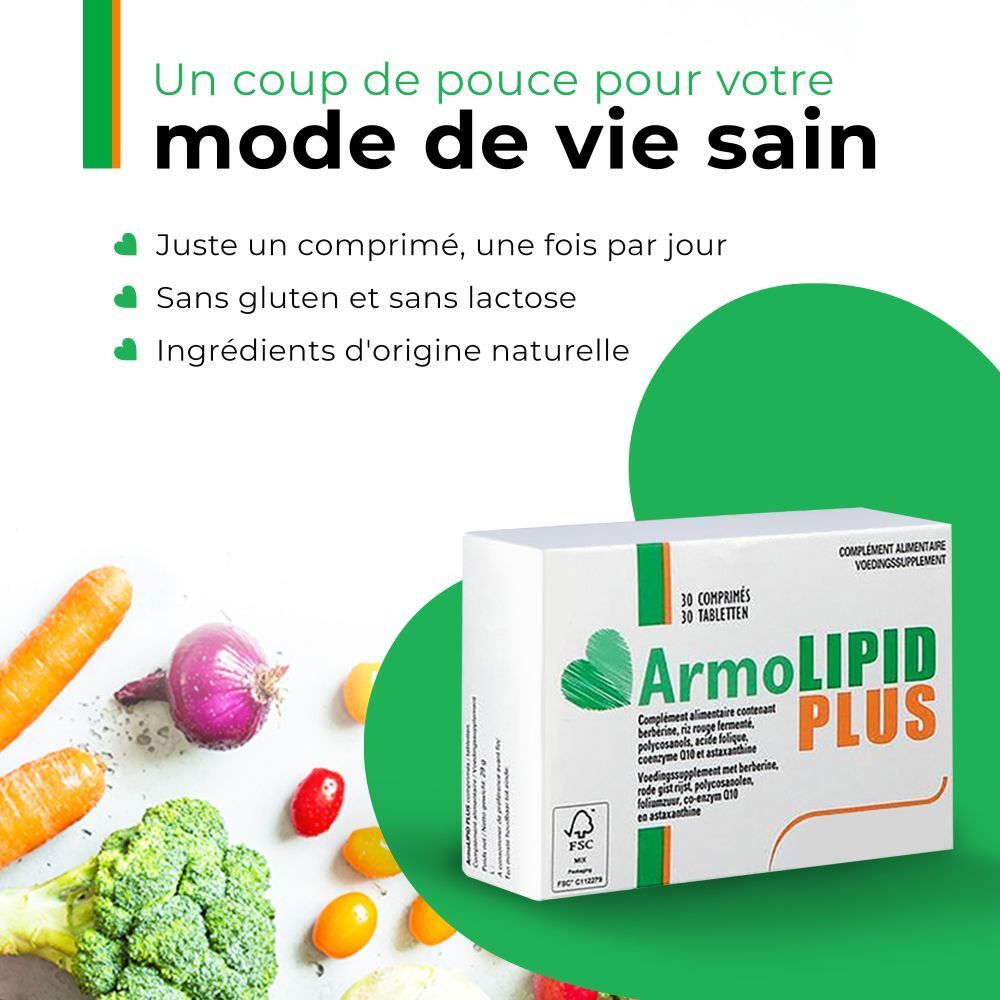 Image promotionnelle avec légumes et boîte ArmoLIPID PLUS. Texte: Un coup de pouce pour votre mode de vie sain.