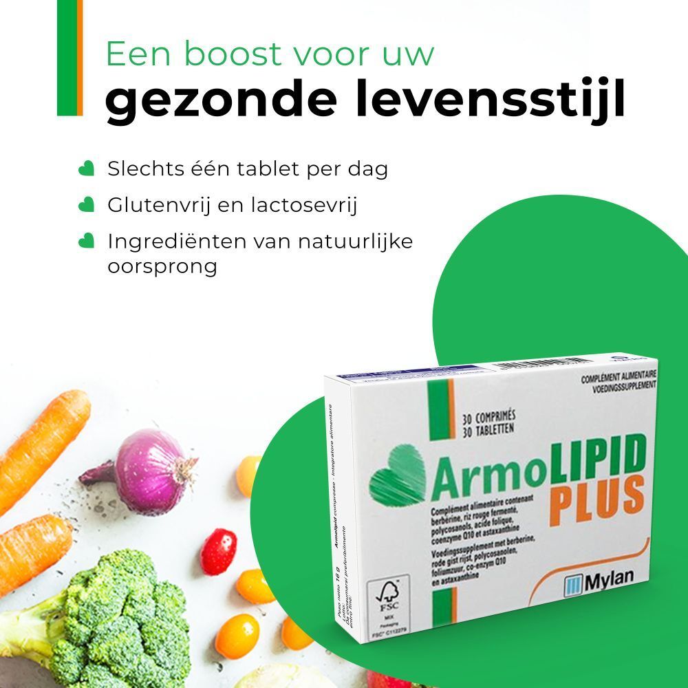 Promotiebeeld met groenten en ArmoLIPID PLUS-doos. Tekst: Een boost voor uw gezonde levensstijl.