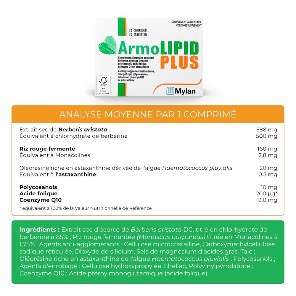 Infographie avec ingrédients et analyse d'ArmoLIPID PLUS. Texte en français.