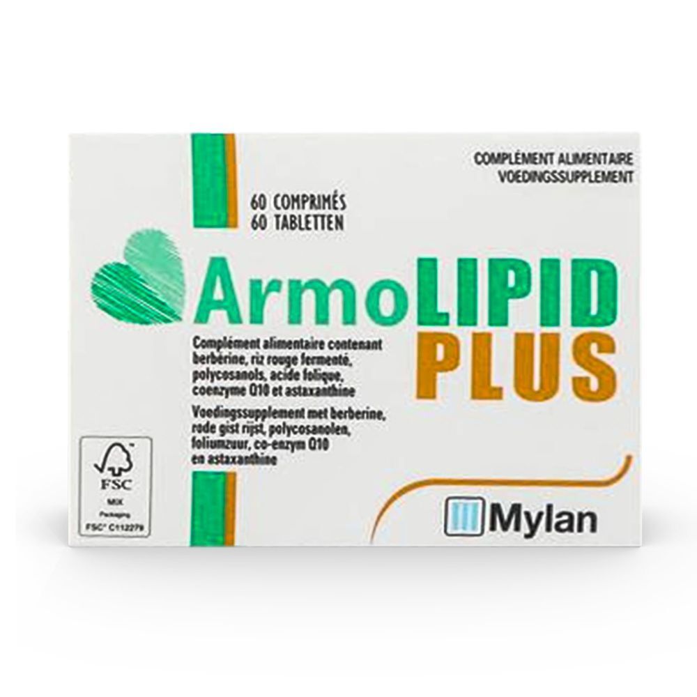 Witte doos ArmoLIPID PLUS, 60 tabletten. Groen-oranje design. Mylan logo.